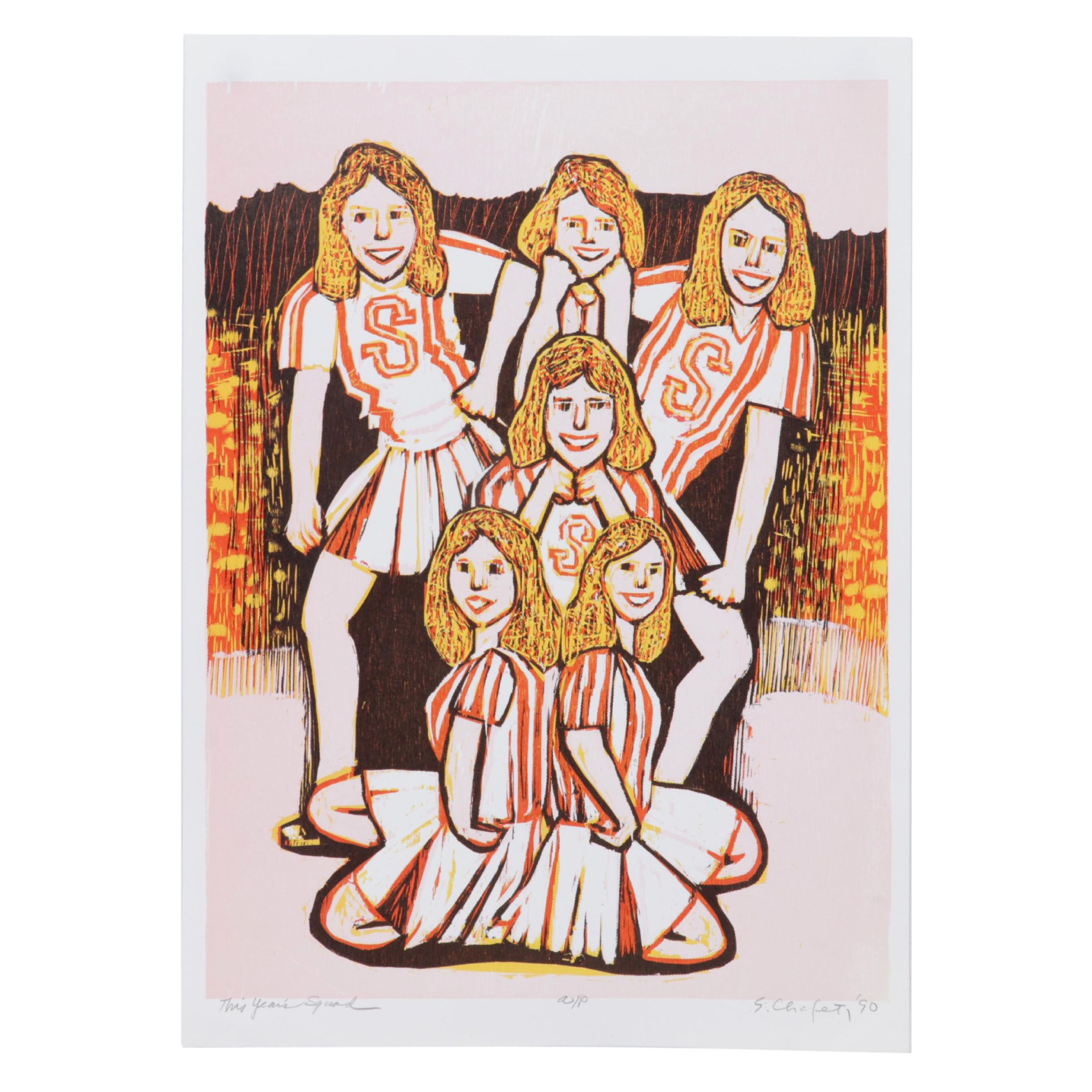 Sidney Chafetz Woodcut "This Year's Squad," 1990