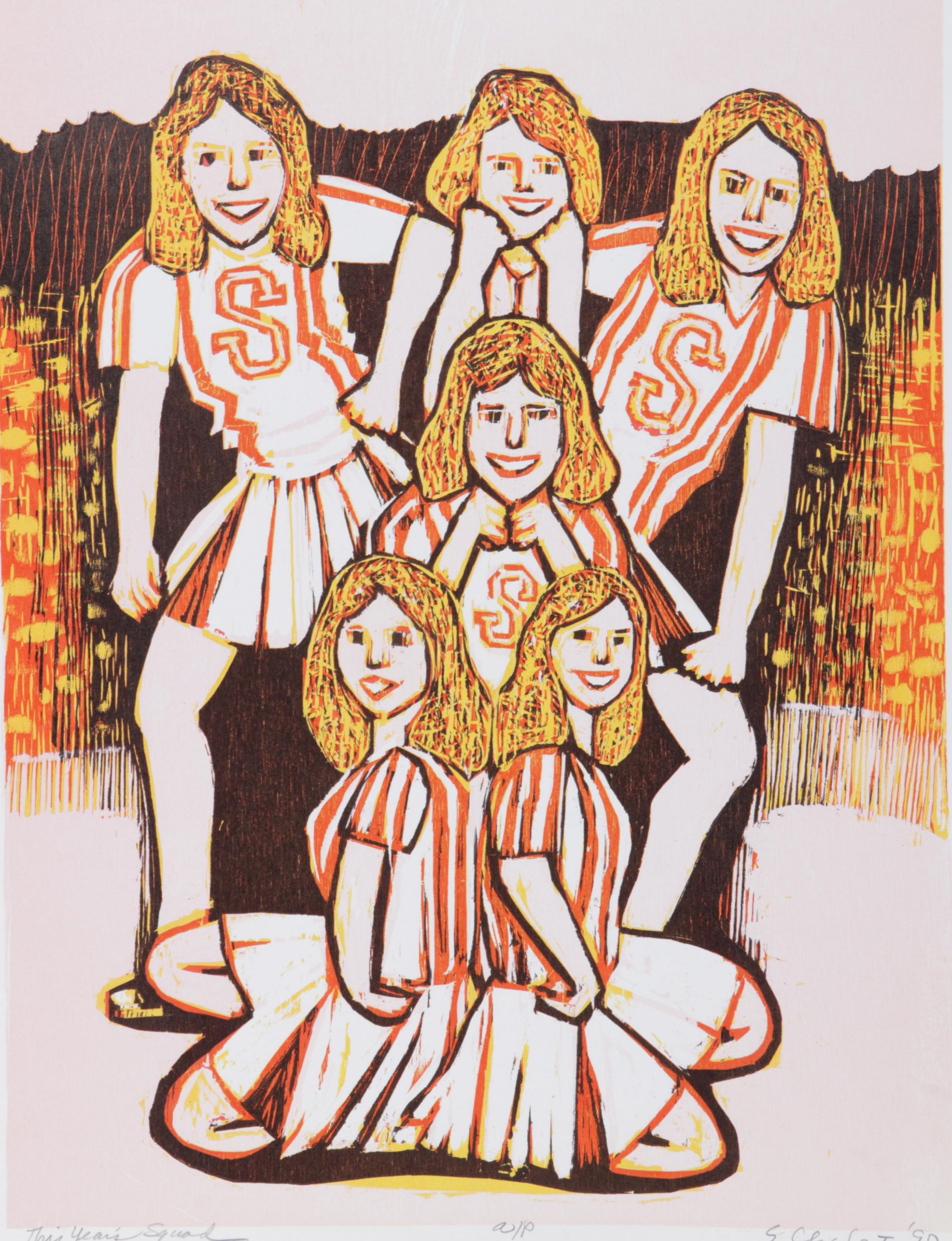 Sidney Chafetz Woodcut "This Year's Squad," 1990