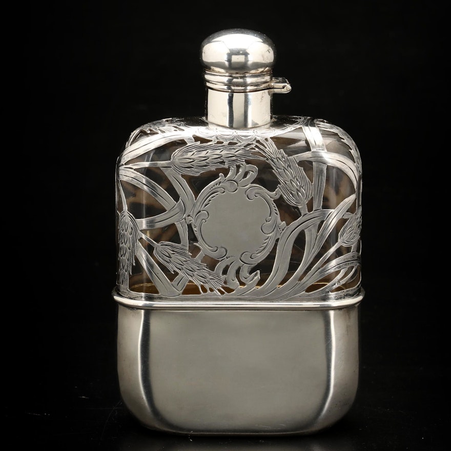 Alvin Sterling Silver and Blown Glass Flask with Removable Cup Base