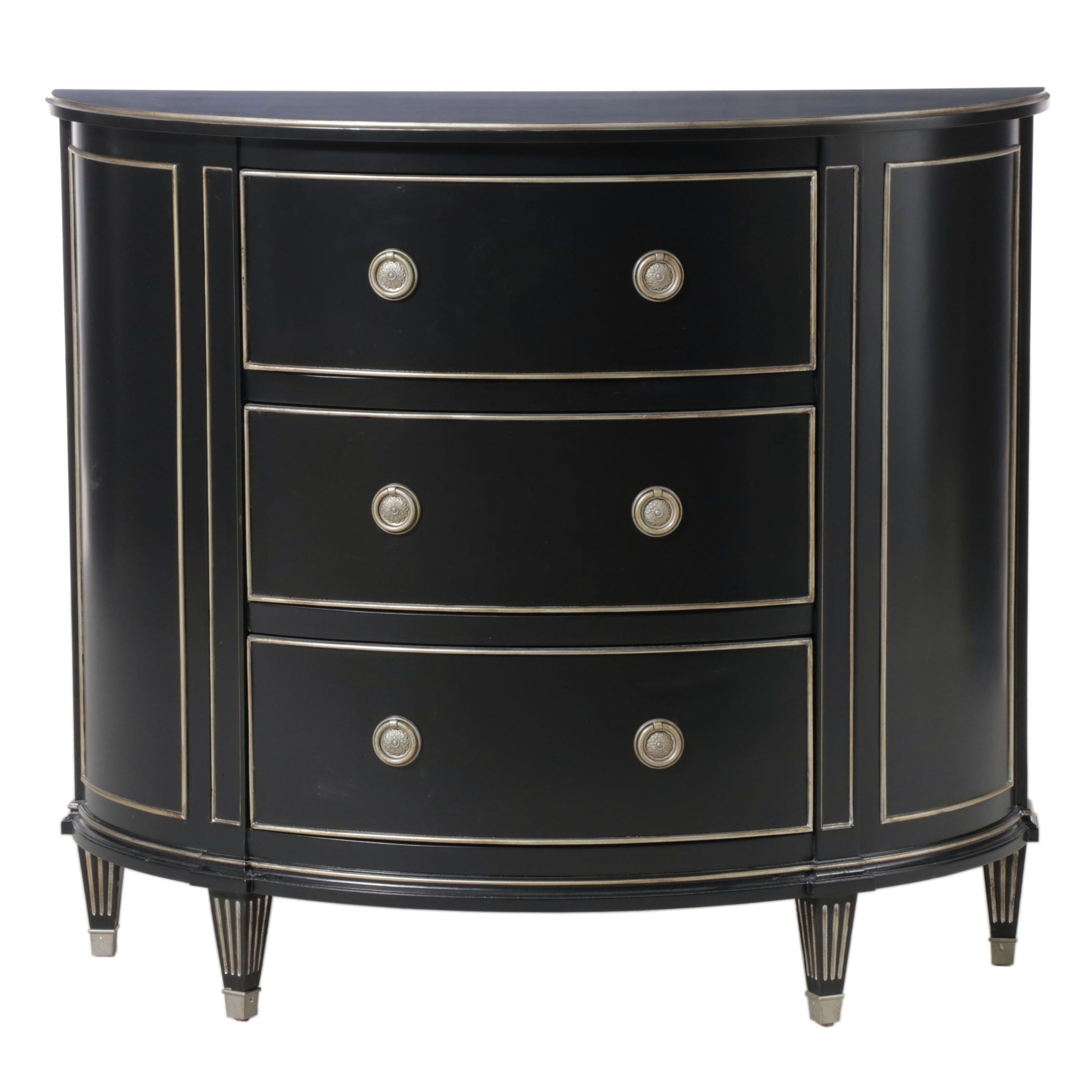 Ethan Allen "Stratton" Glossy Black Demilune Chest With Metallic Paint Accents