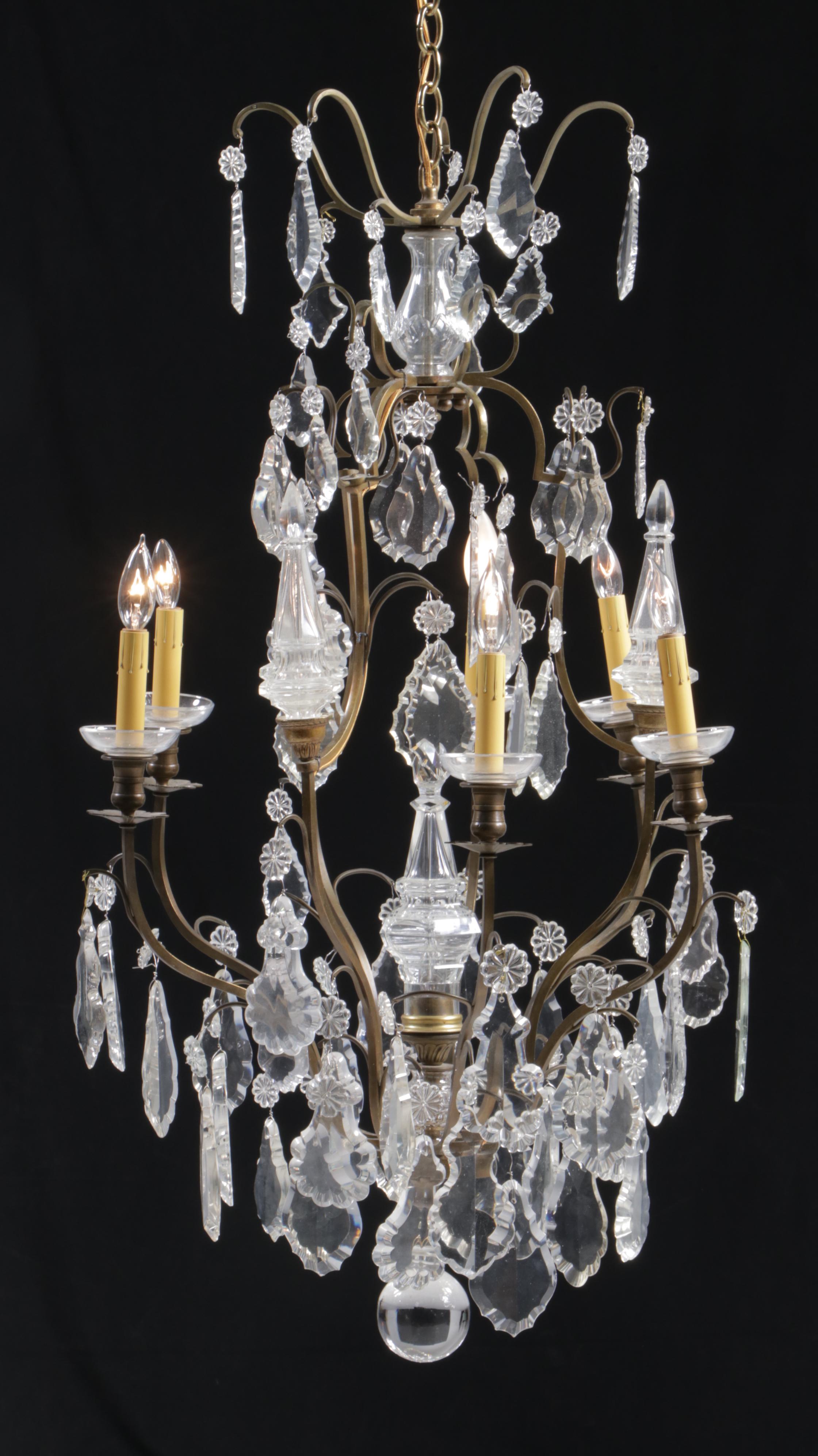 Baroque Style Wrought Metal Chandelier with Crystal Pendeloque Prisms