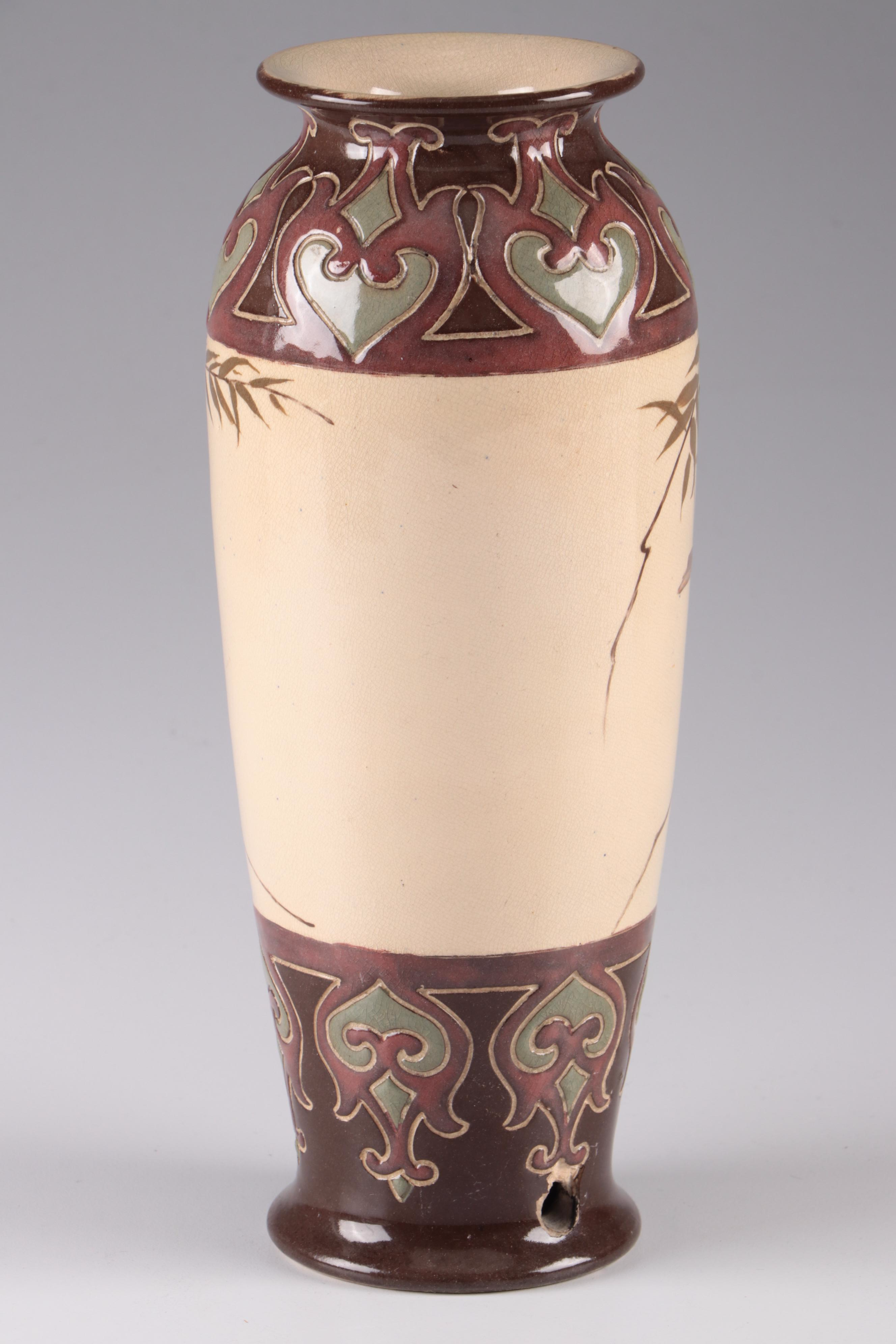 Royal Doulton Arts and Crafts Stoneware Vase Lamp Base with Birds, 1920s