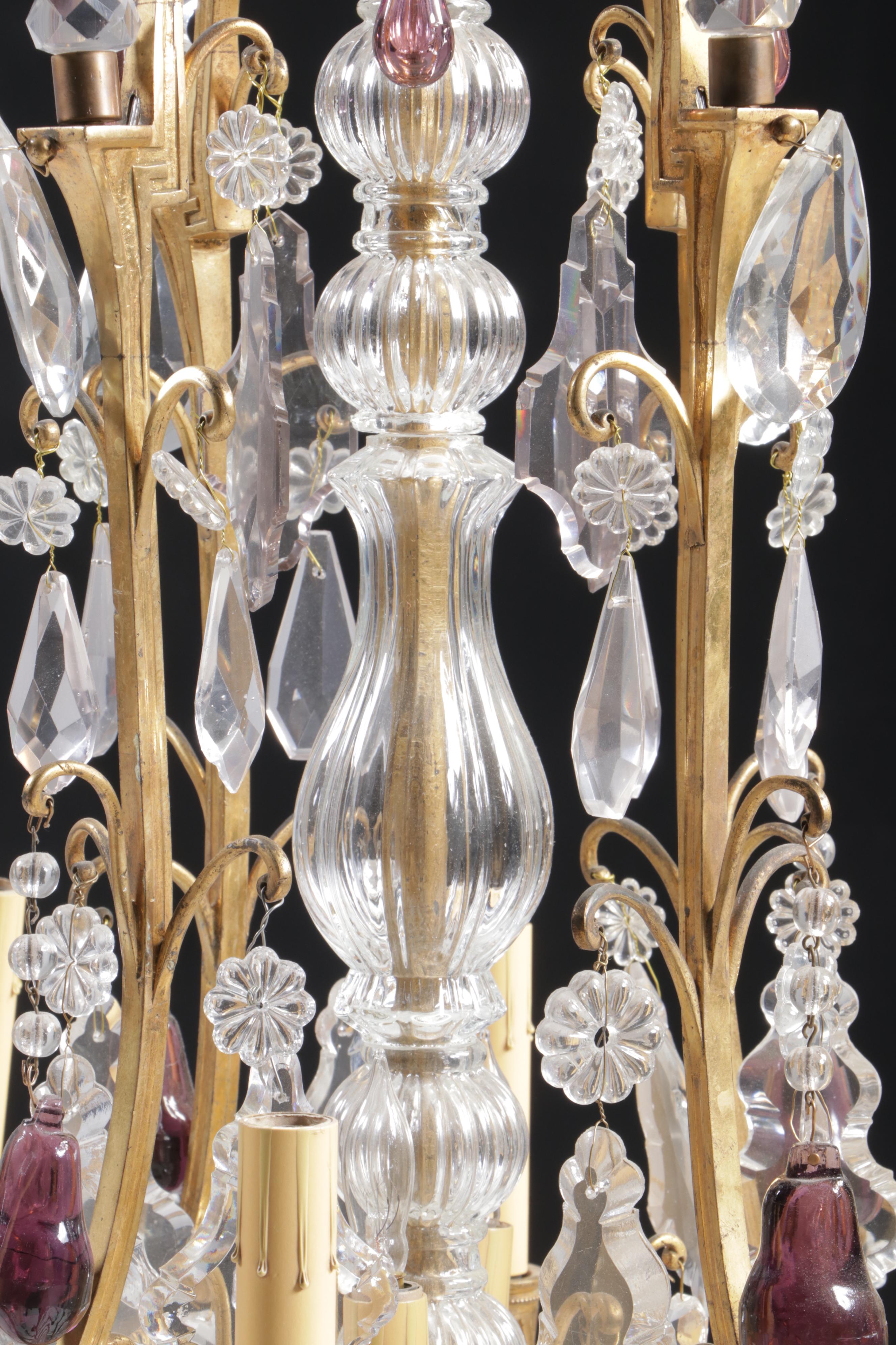 Neoclassical Style Gilt Metal Chandelier with Crystal Fruit and Pendeloque Drops
