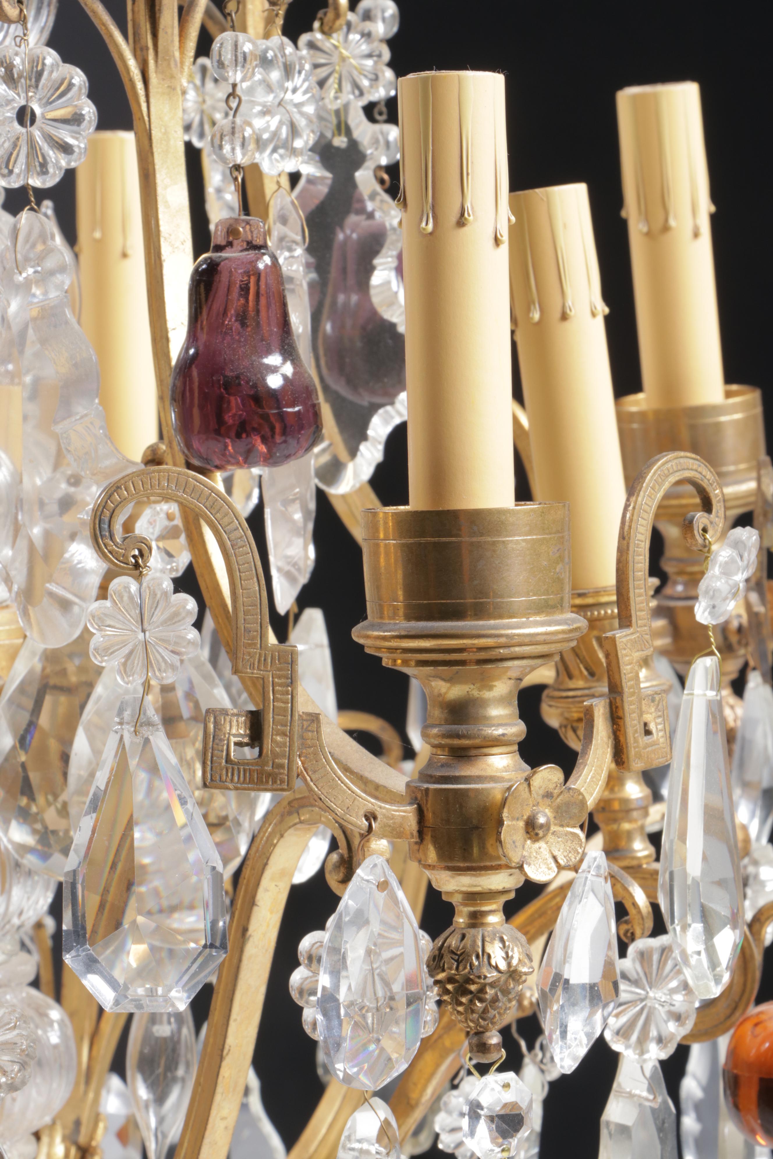 Neoclassical Style Gilt Metal Chandelier with Crystal Fruit and Pendeloque Drops