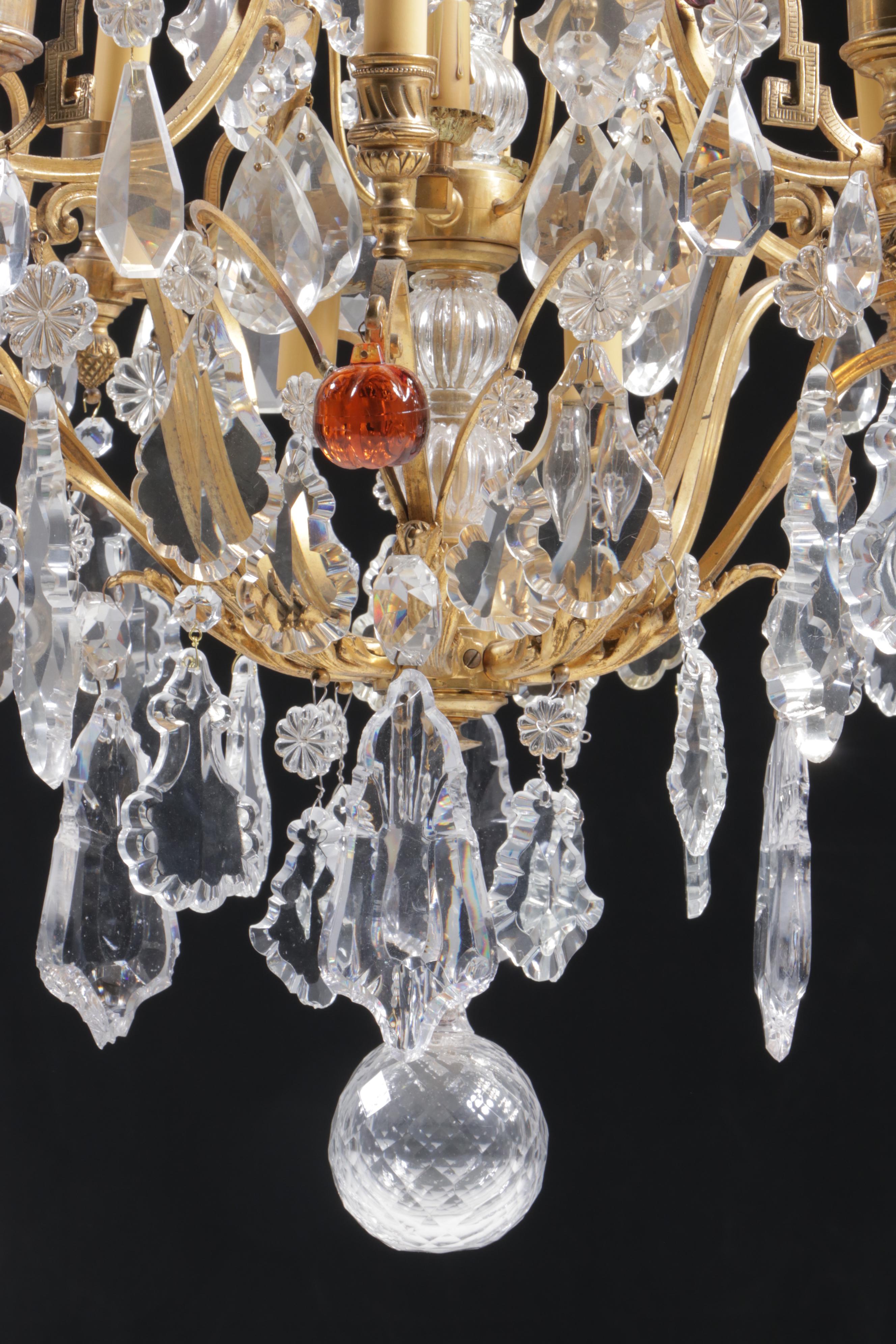 Neoclassical Style Gilt Metal Chandelier with Crystal Fruit and Pendeloque Drops