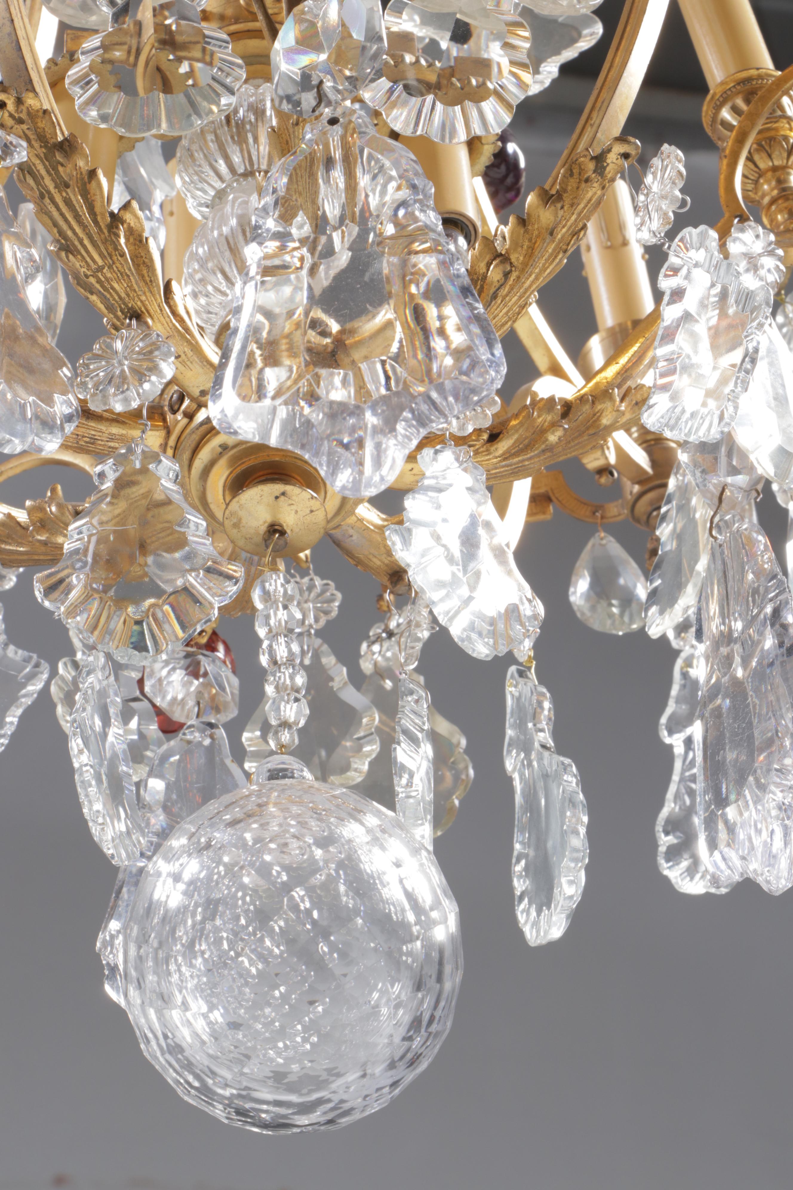 Neoclassical Style Gilt Metal Chandelier with Crystal Fruit and Pendeloque Drops