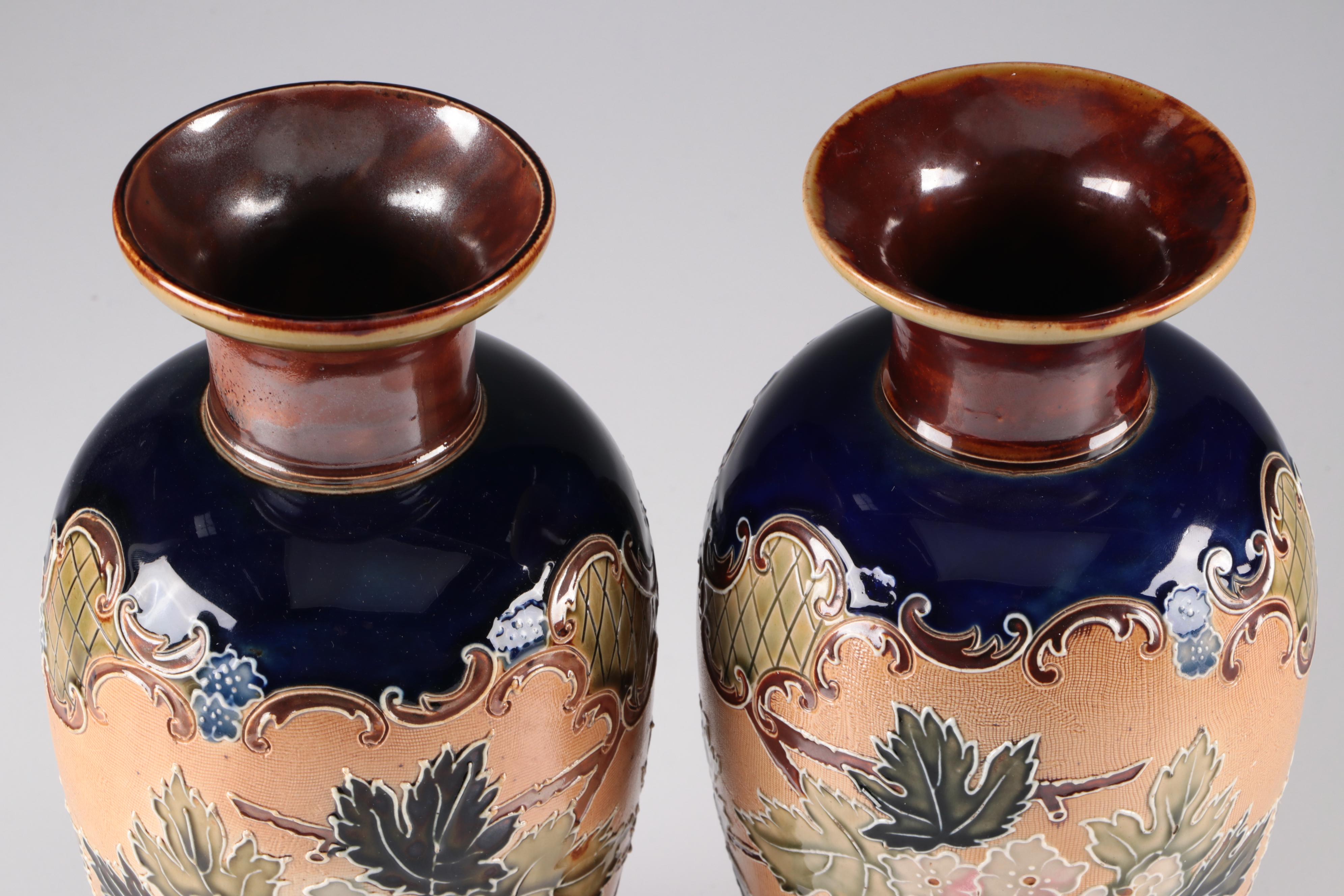 Doulton Lambeth Slater Patent  Stoneware Vase with Flowers, Late 19th Century