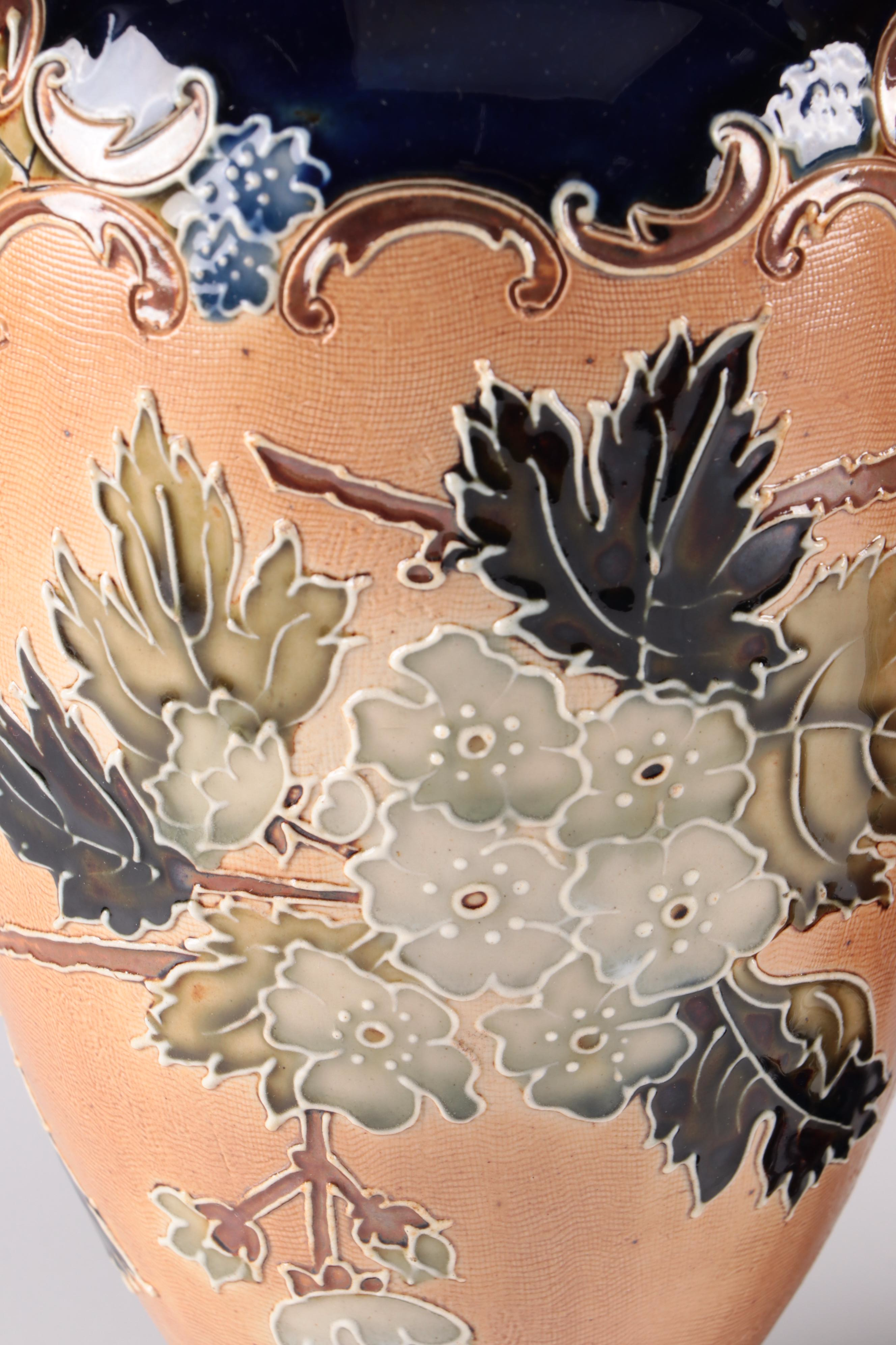 Doulton Lambeth Slater Patent  Stoneware Vase with Flowers, Late 19th Century