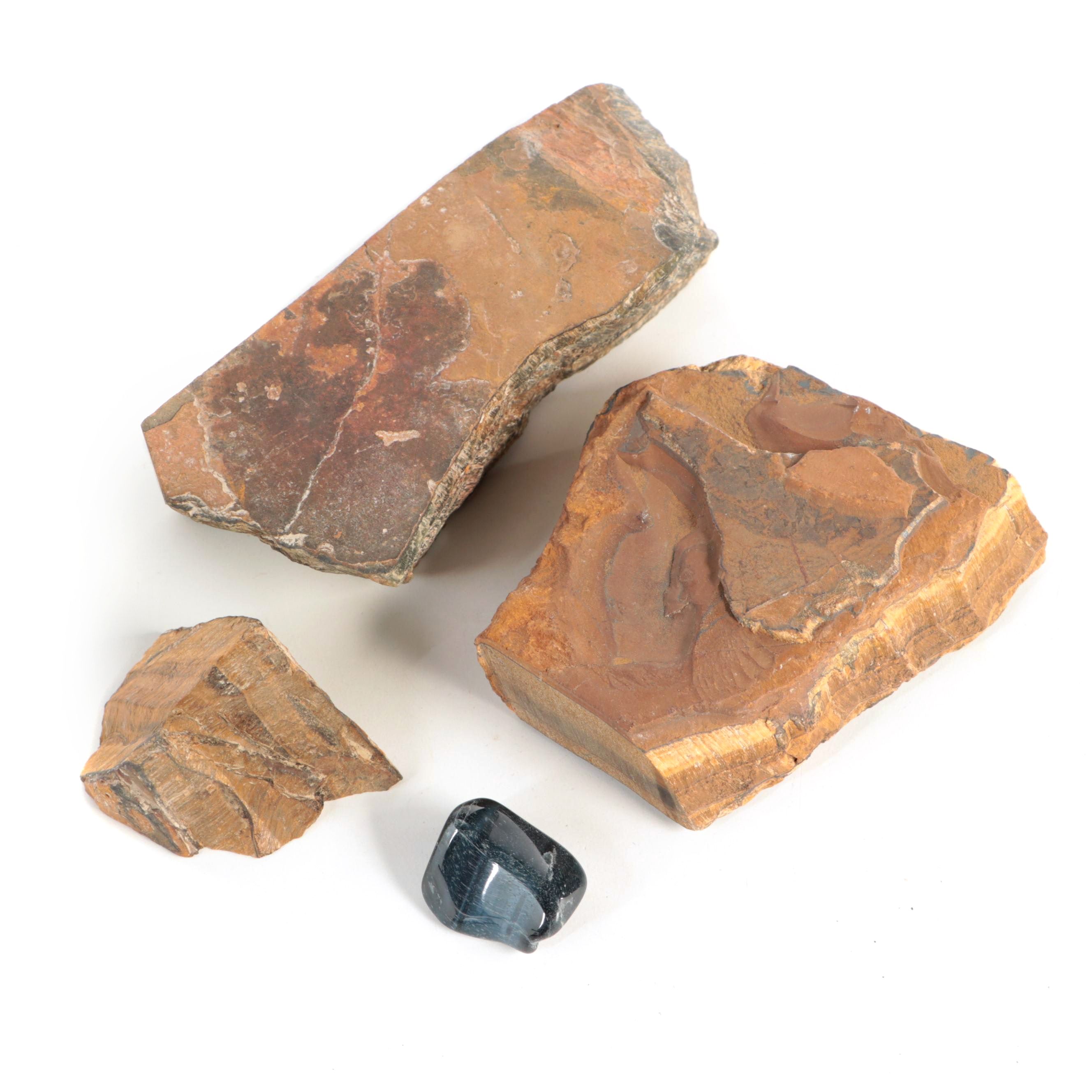 Rough Tiger's Eye Mineral Specimens with Polished Hawk's Eye Specimen