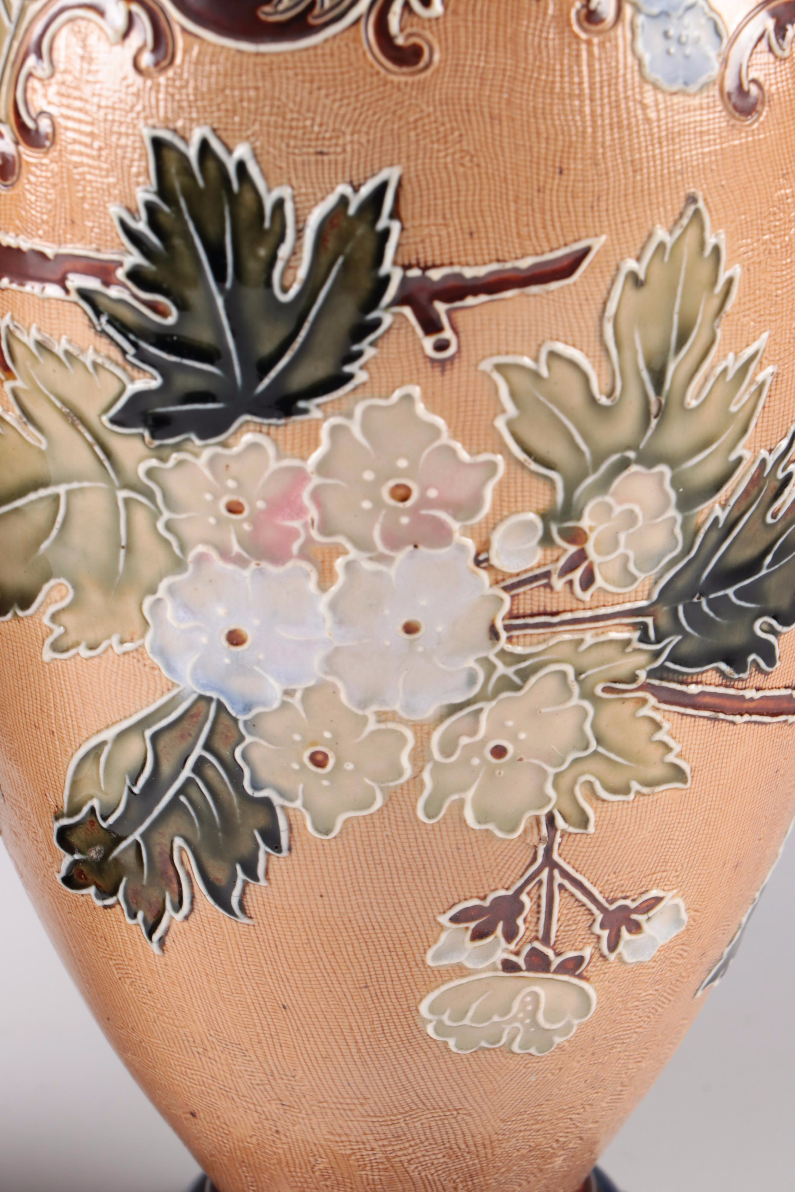 Doulton Lambeth Slater Patent  Stoneware Vase with Flowers, Late 19th Century