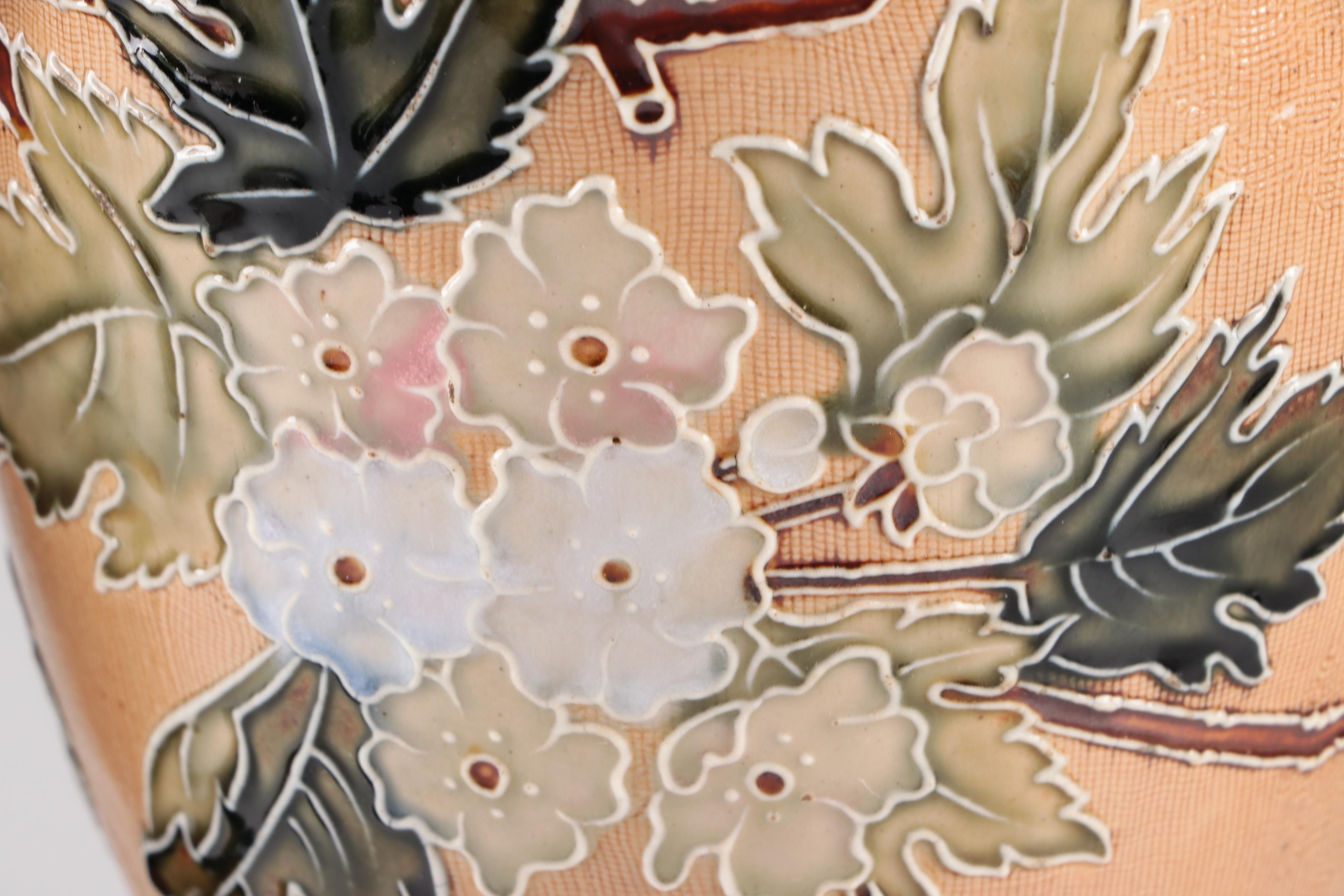 Doulton Lambeth Slater Patent  Stoneware Vase with Flowers, Late 19th Century