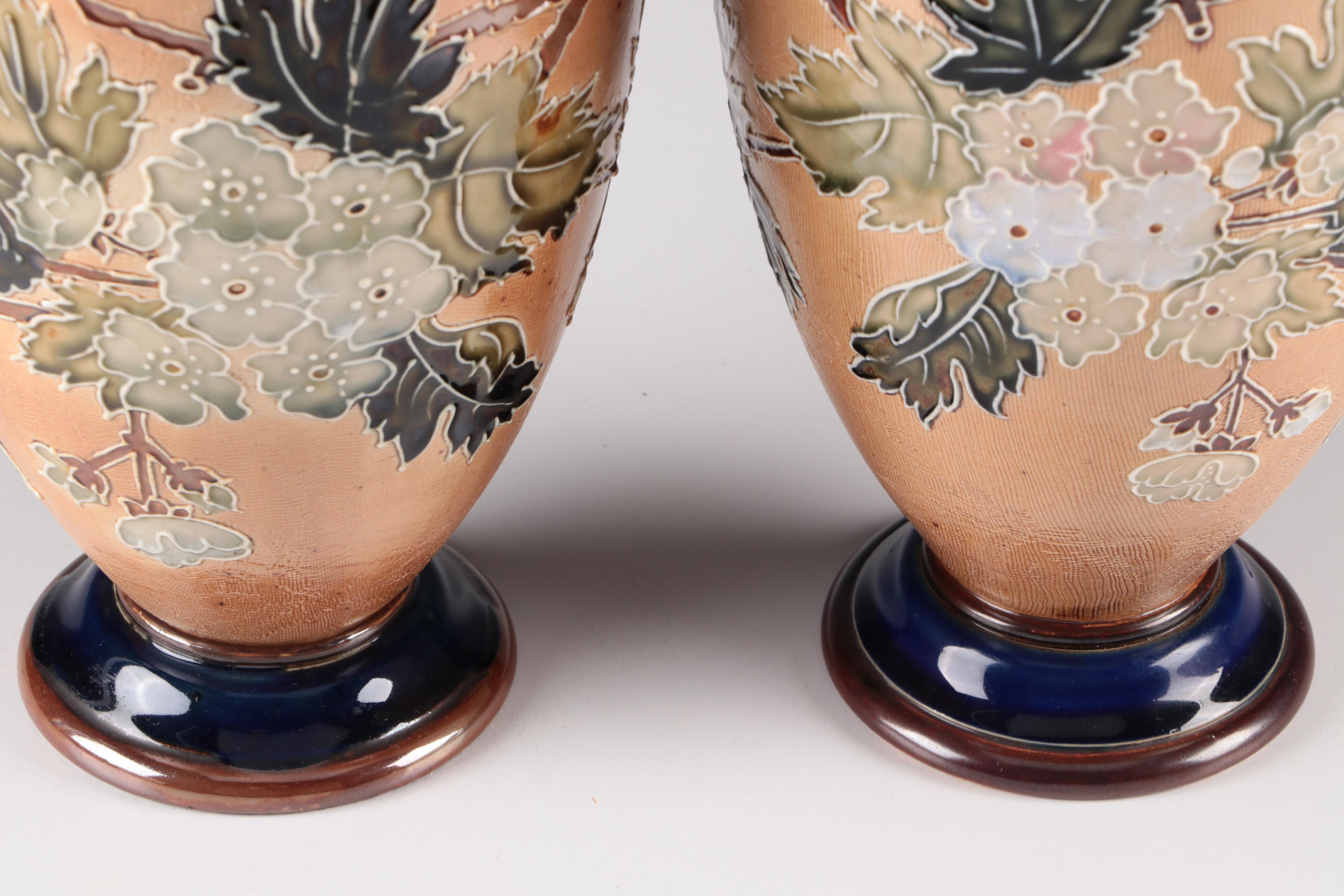 Doulton Lambeth Slater Patent  Stoneware Vase with Flowers, Late 19th Century