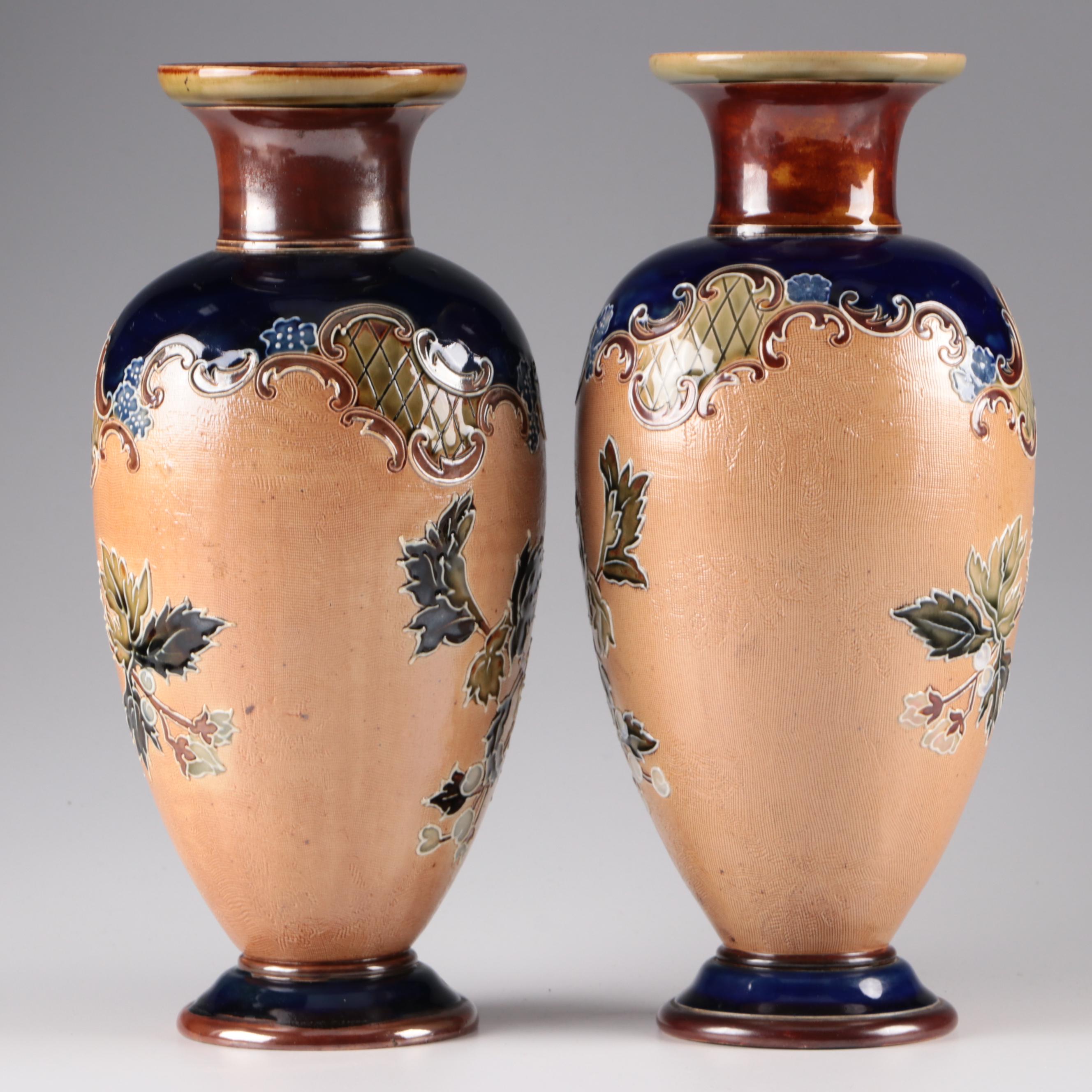 Doulton Lambeth Slater Patent  Stoneware Vase with Flowers, Late 19th Century