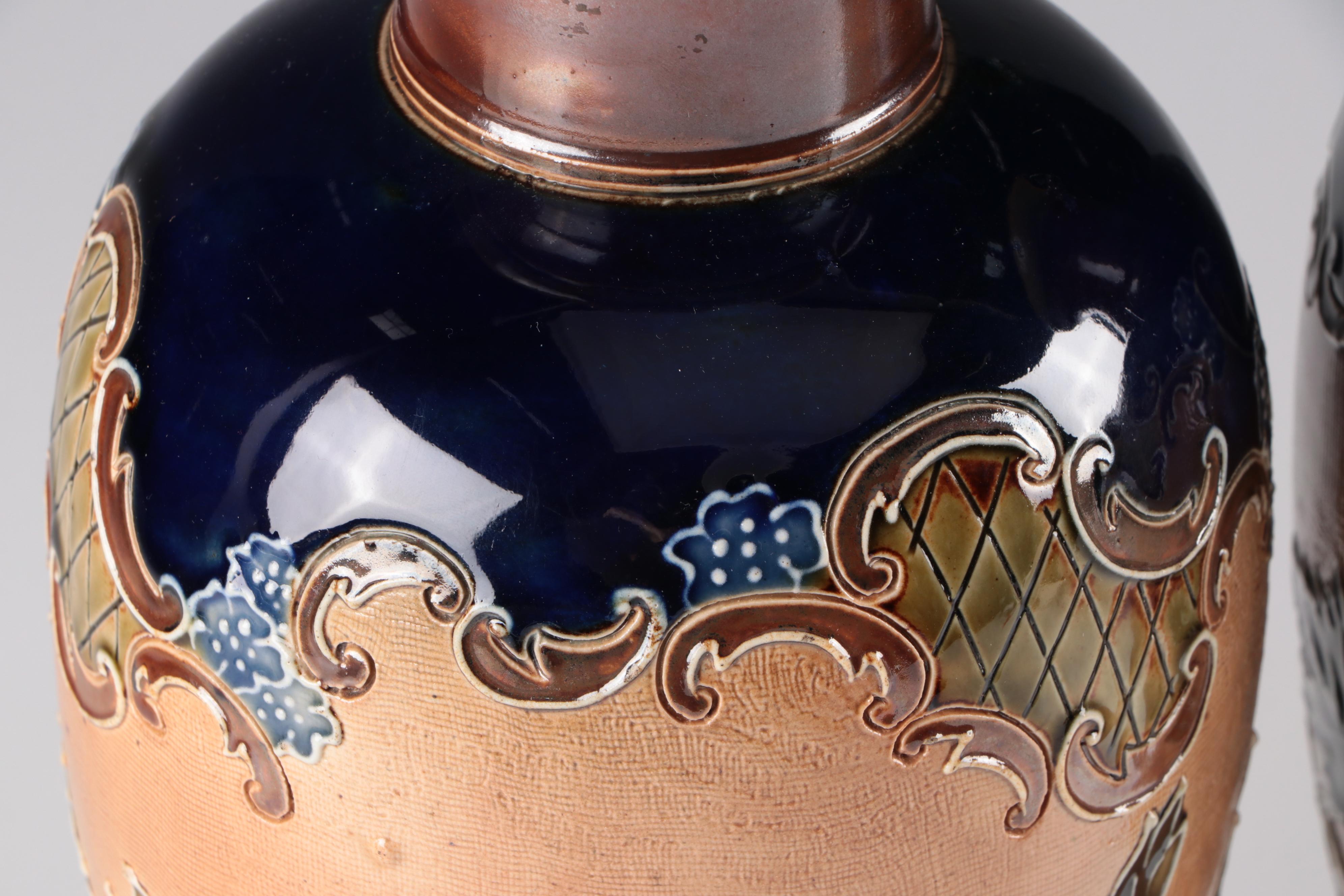 Doulton Lambeth Slater Patent  Stoneware Vase with Flowers, Late 19th Century