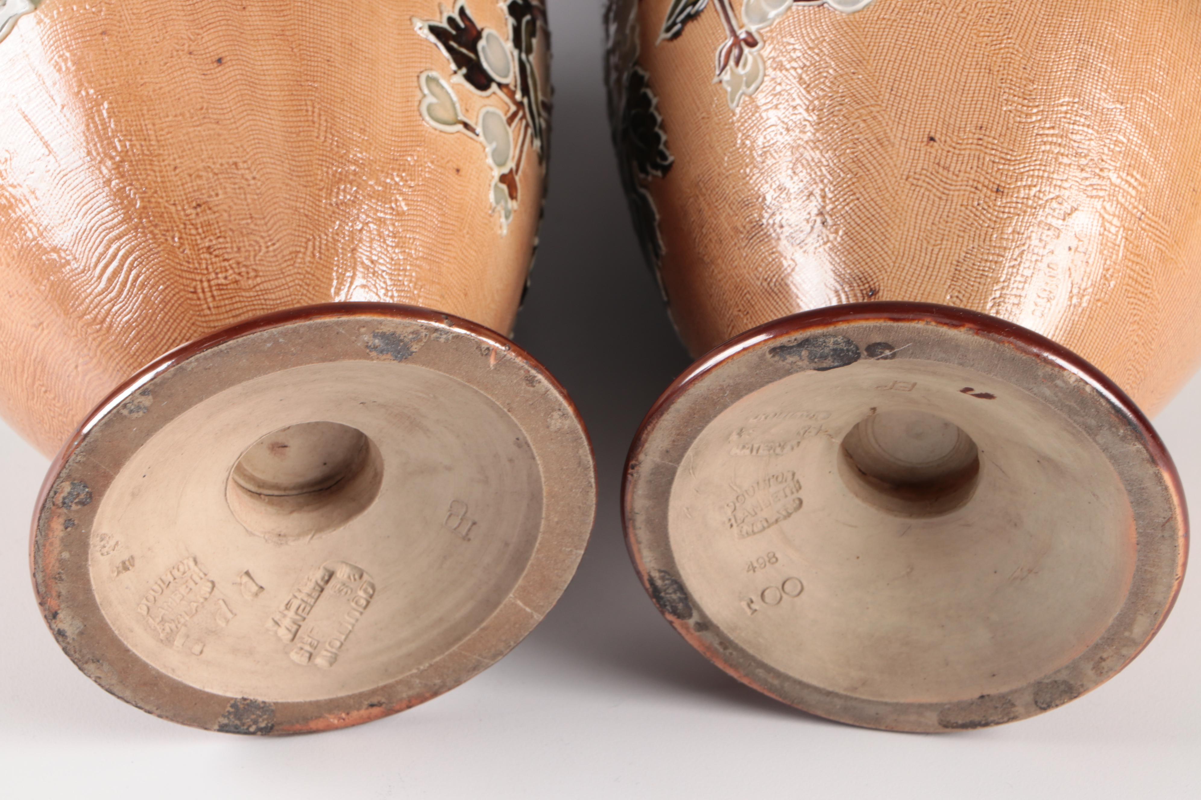 Doulton Lambeth Slater Patent  Stoneware Vase with Flowers, Late 19th Century