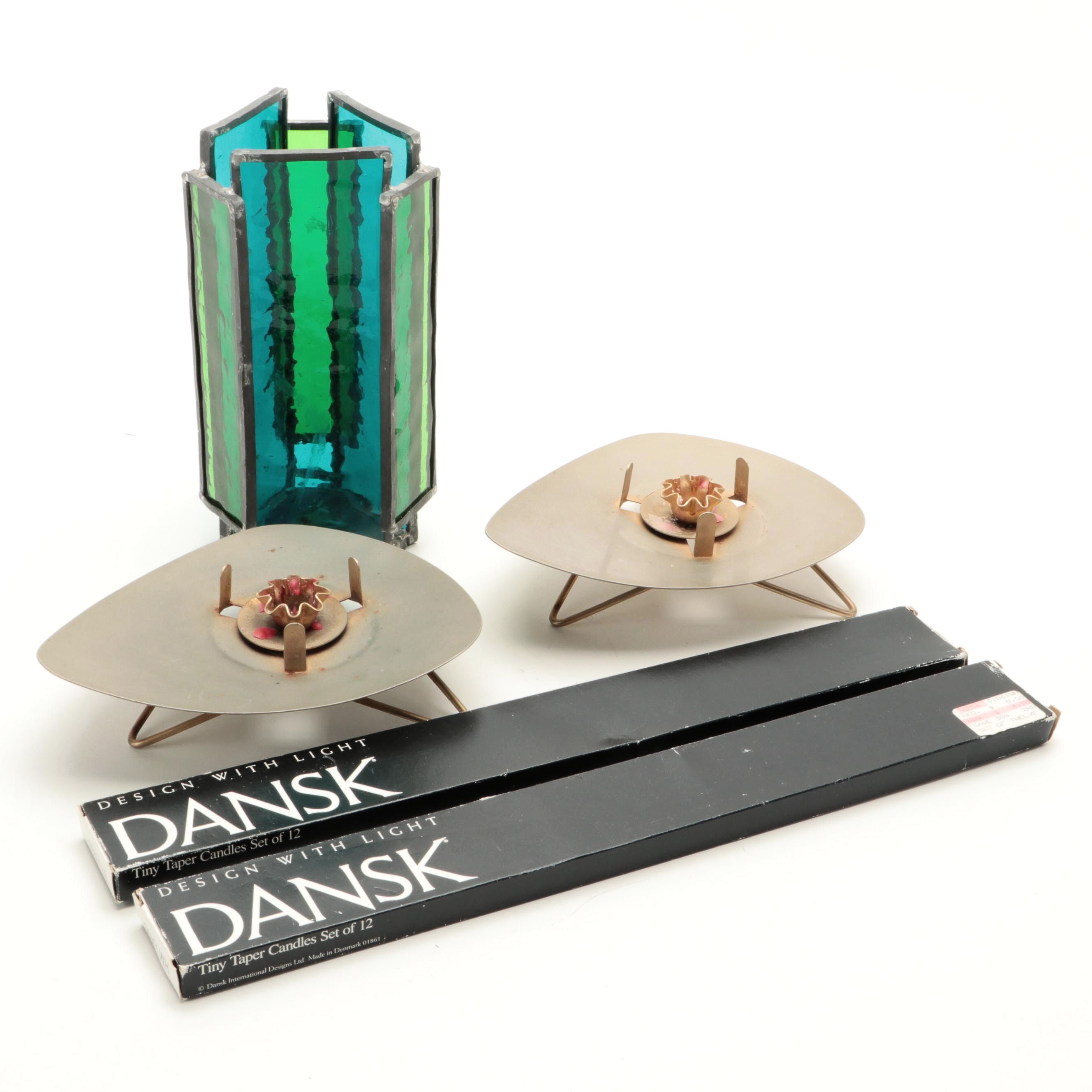 Mid Century Modern Metal Candle Holders with Stained Glass Votive and Candles