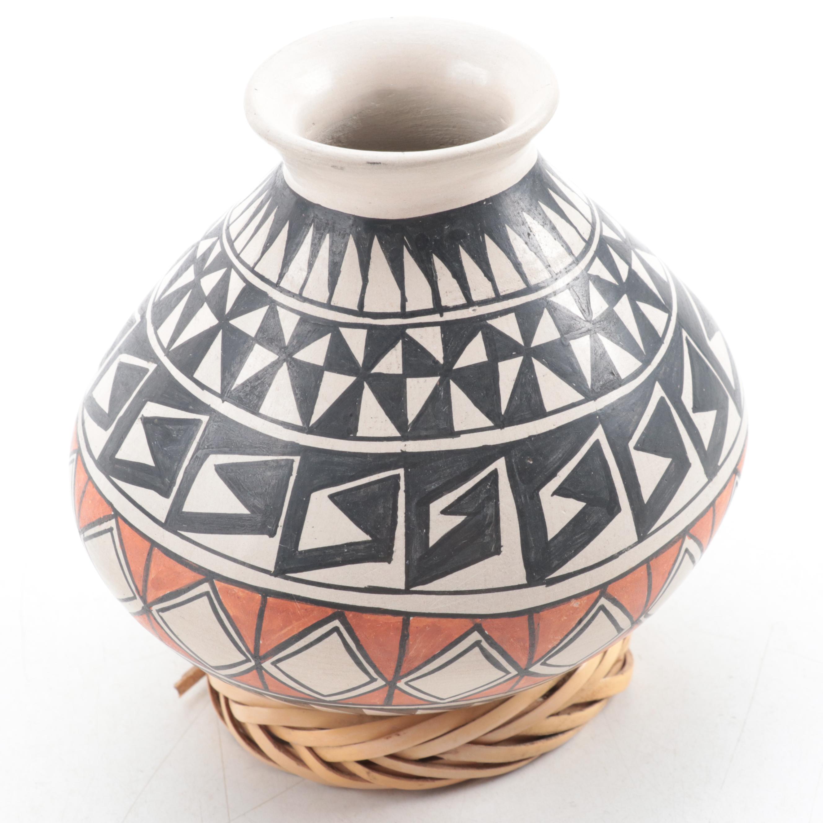 Laura Quezada Mata Ortiz Ceramic Vessel With Woven Reed Stand