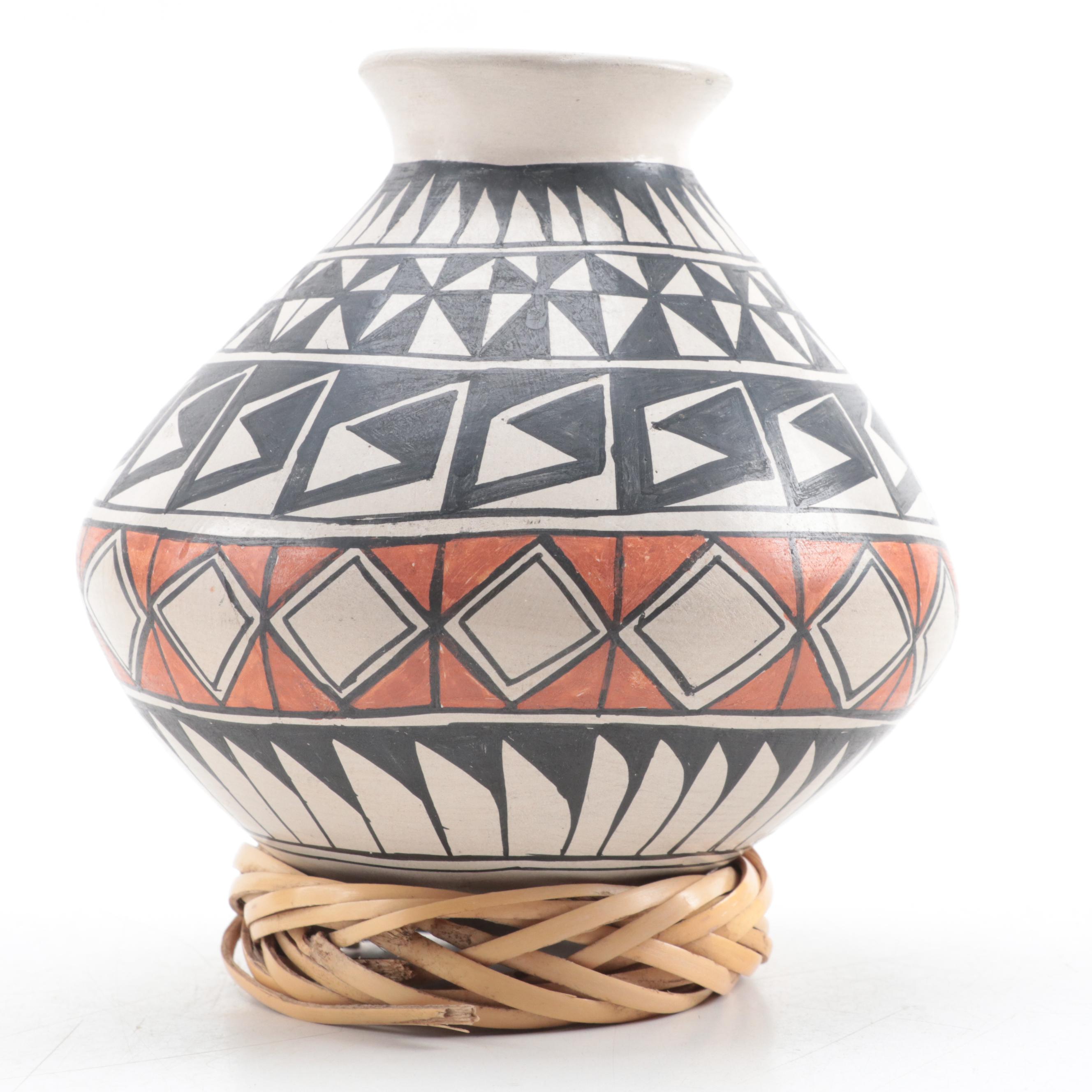 Laura Quezada Mata Ortiz Ceramic Vessel With Woven Reed Stand