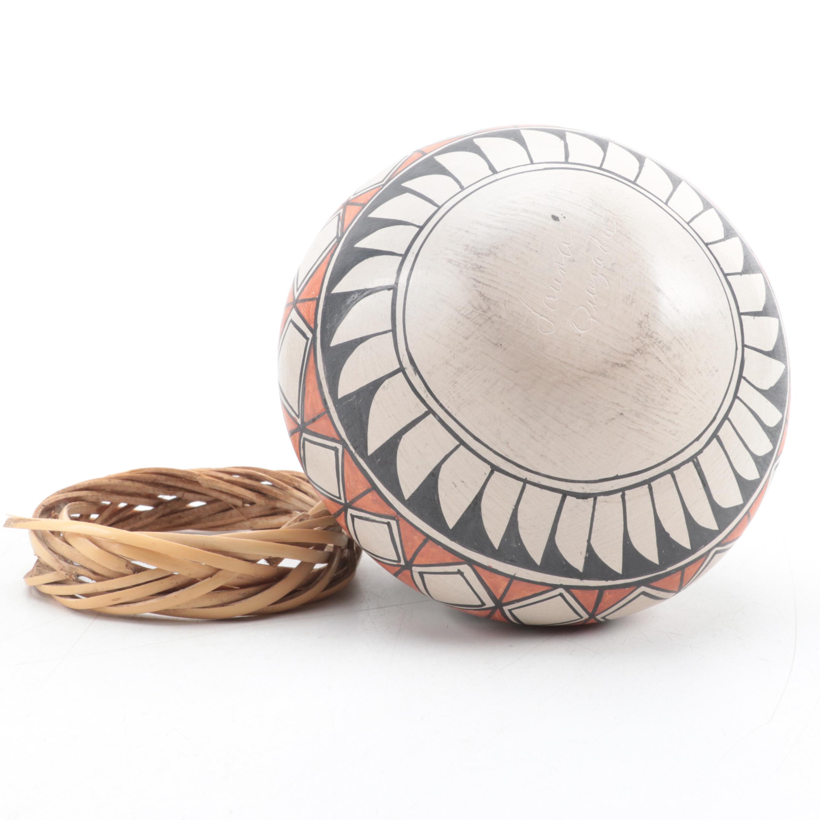Laura Quezada Mata Ortiz Ceramic Vessel With Woven Reed Stand