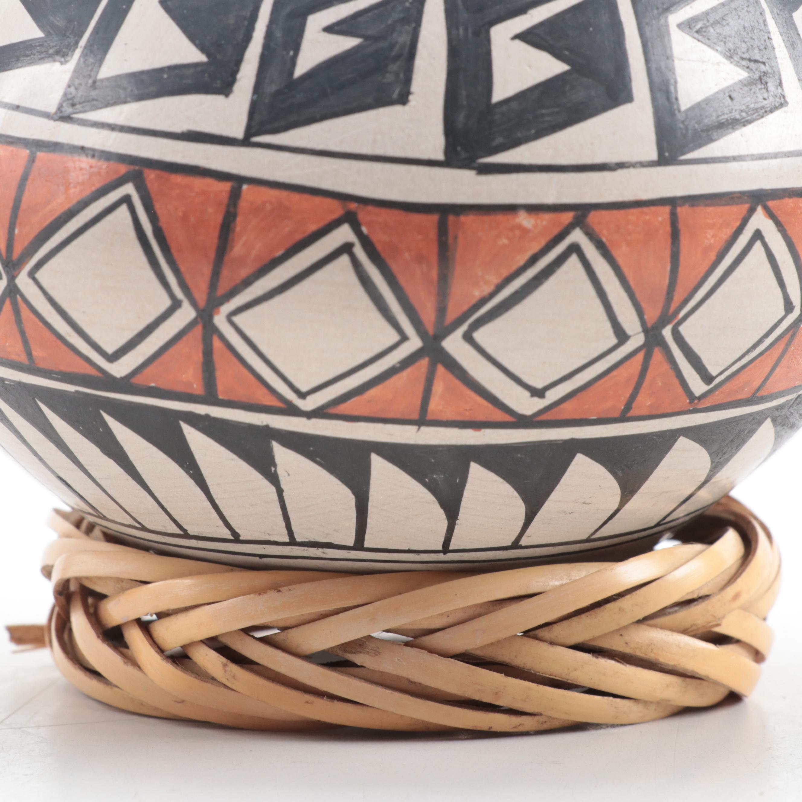 Laura Quezada Mata Ortiz Ceramic Vessel With Woven Reed Stand