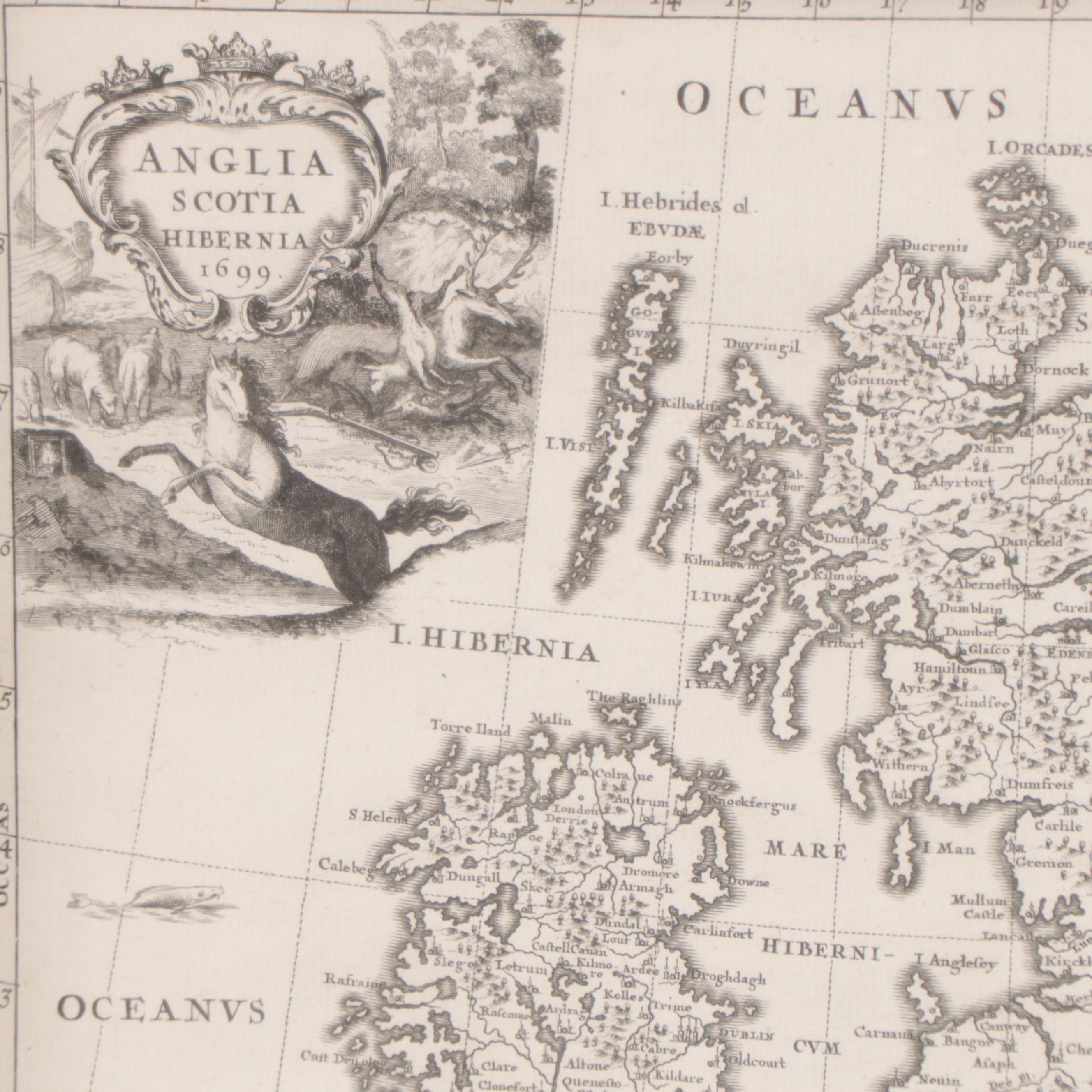Engraving Map "Anglia, Scotia, Hibernia," 1699