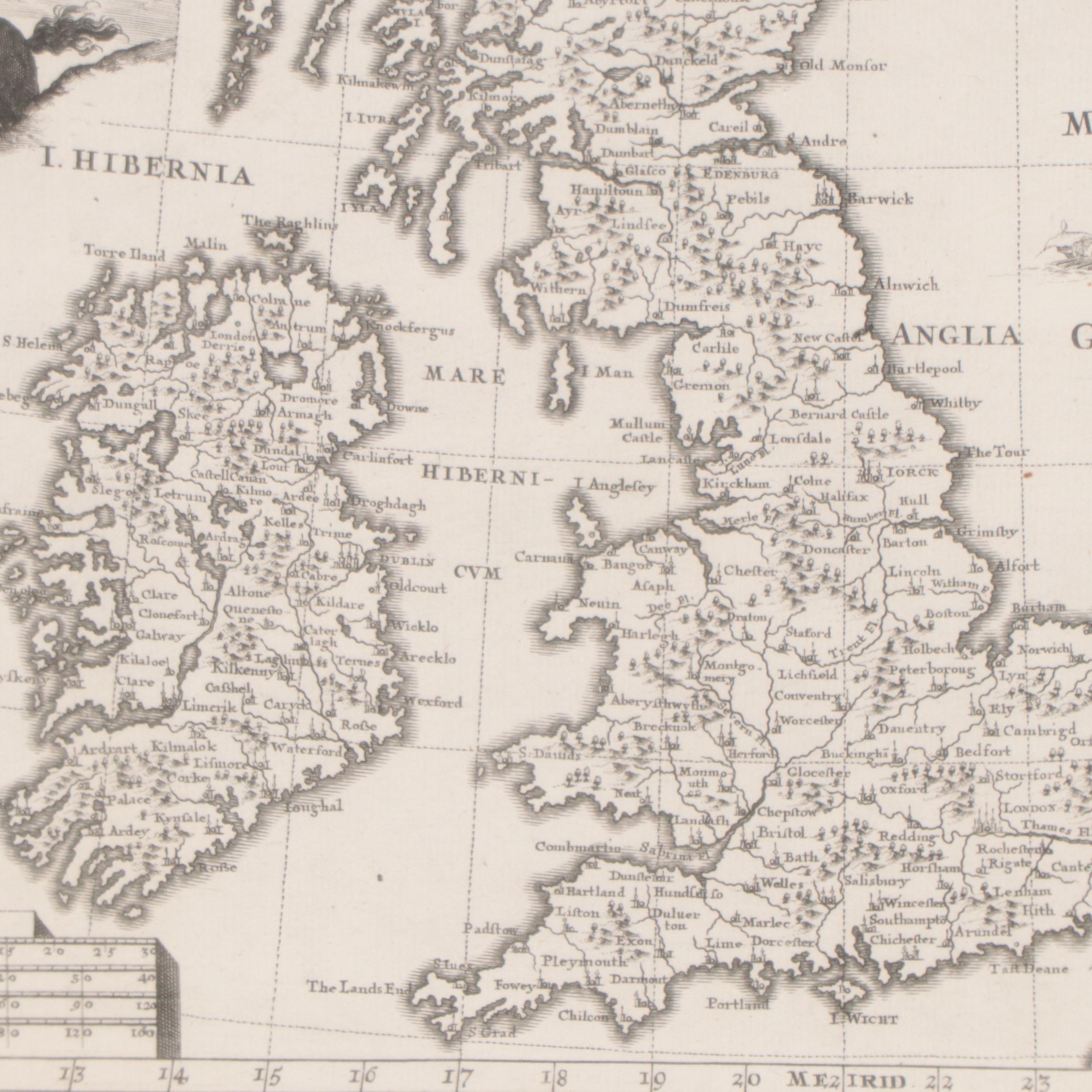 Engraving Map "Anglia, Scotia, Hibernia," 1699