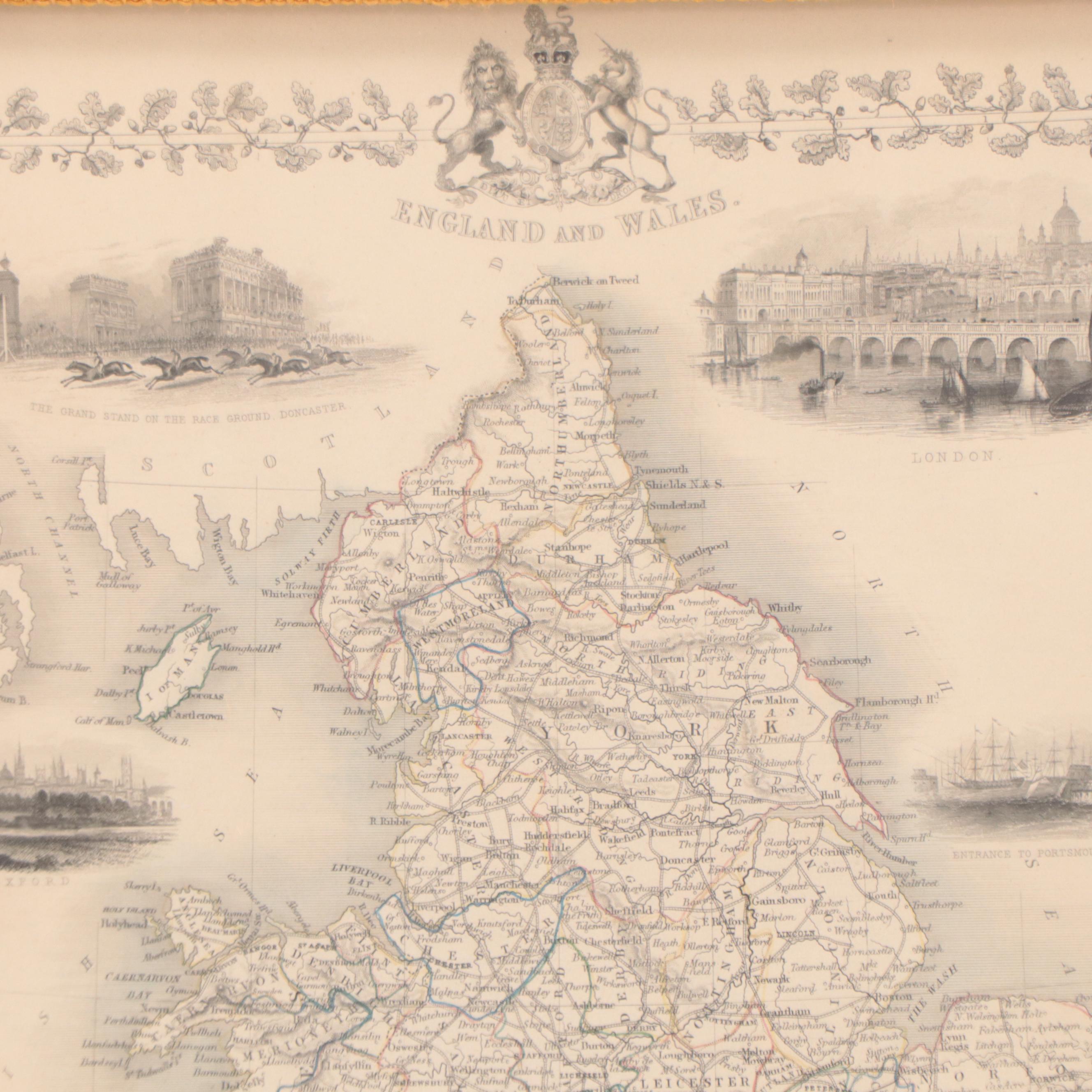 John Rapkin Hand-Colored Engraving Map of England and Wales, 1851