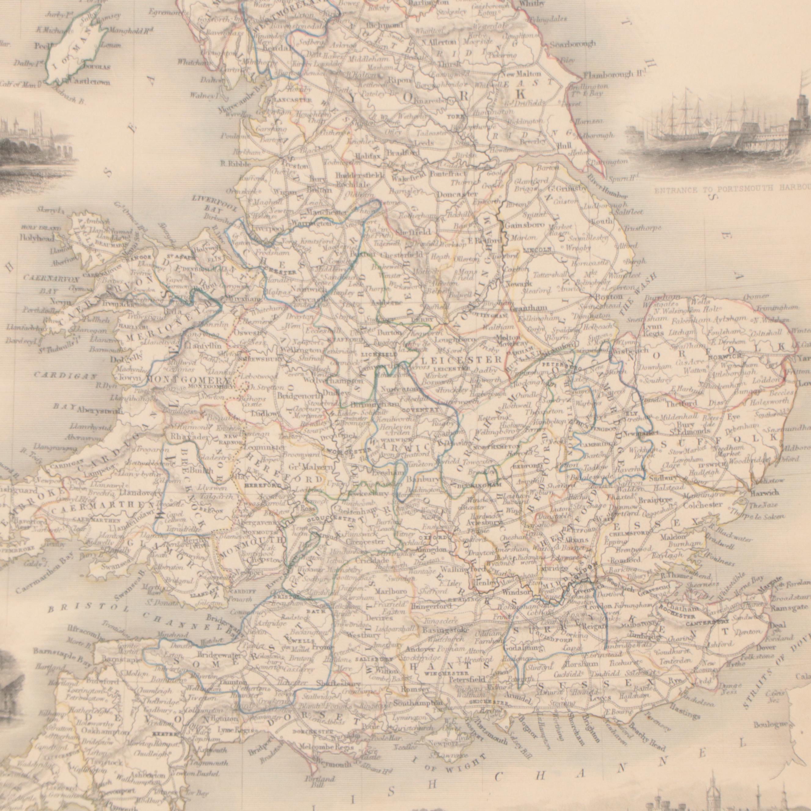 John Rapkin Hand-Colored Engraving Map of England and Wales, 1851