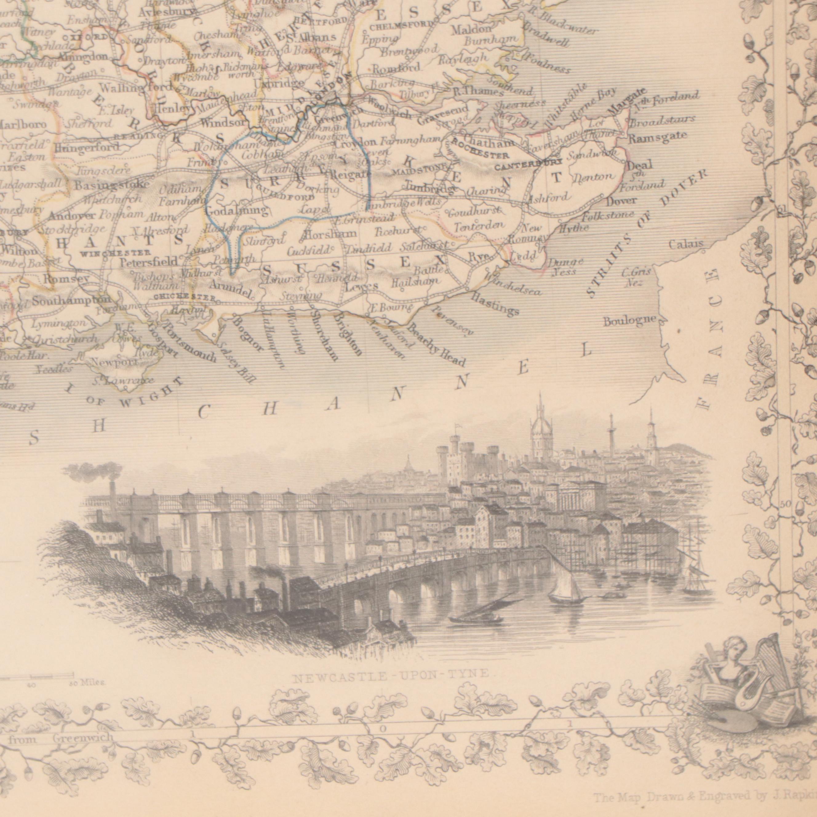 John Rapkin Hand-Colored Engraving Map of England and Wales, 1851