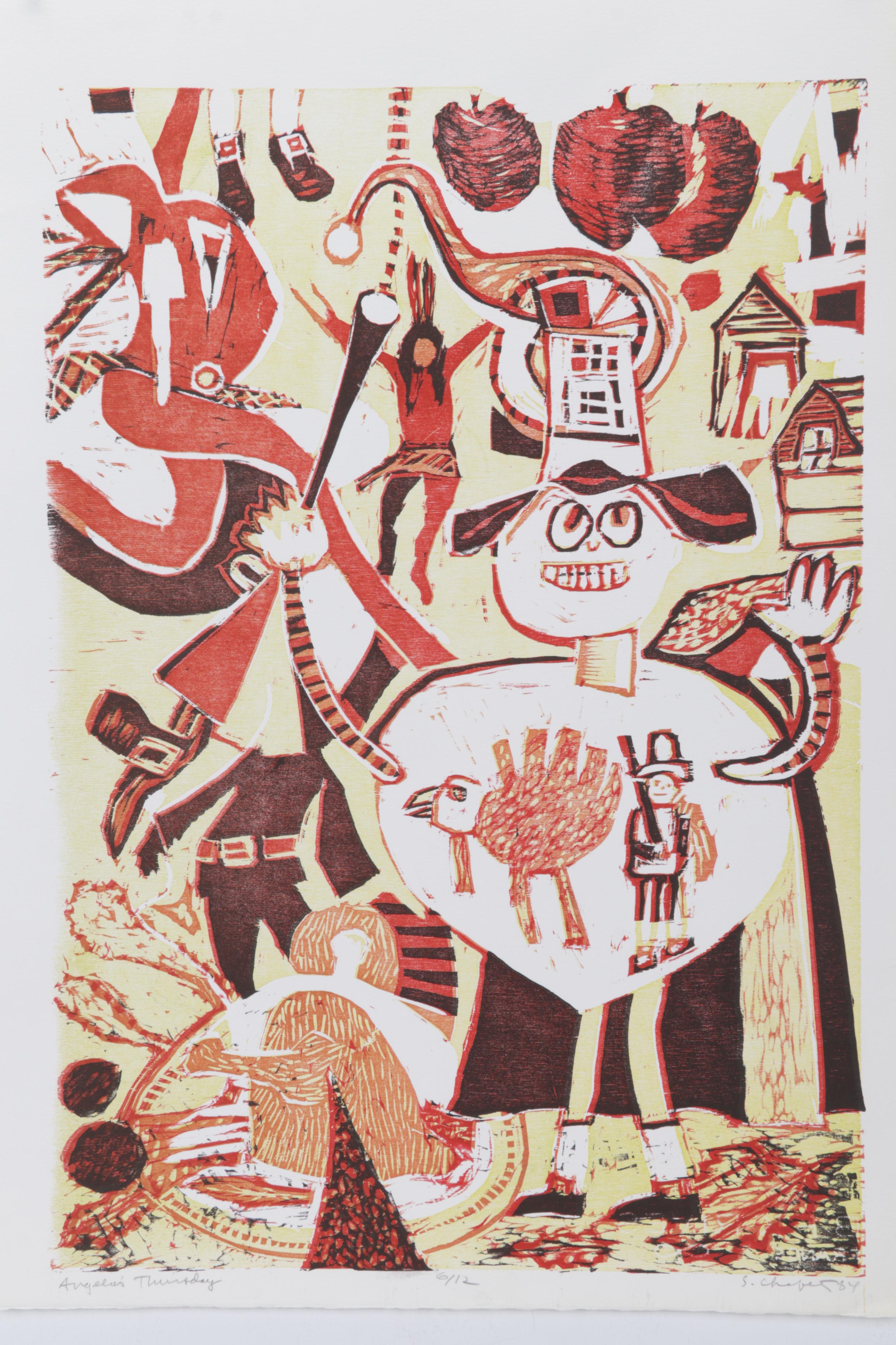 Sidney Chafetz Woodcut "Angela's Thursday," 1984