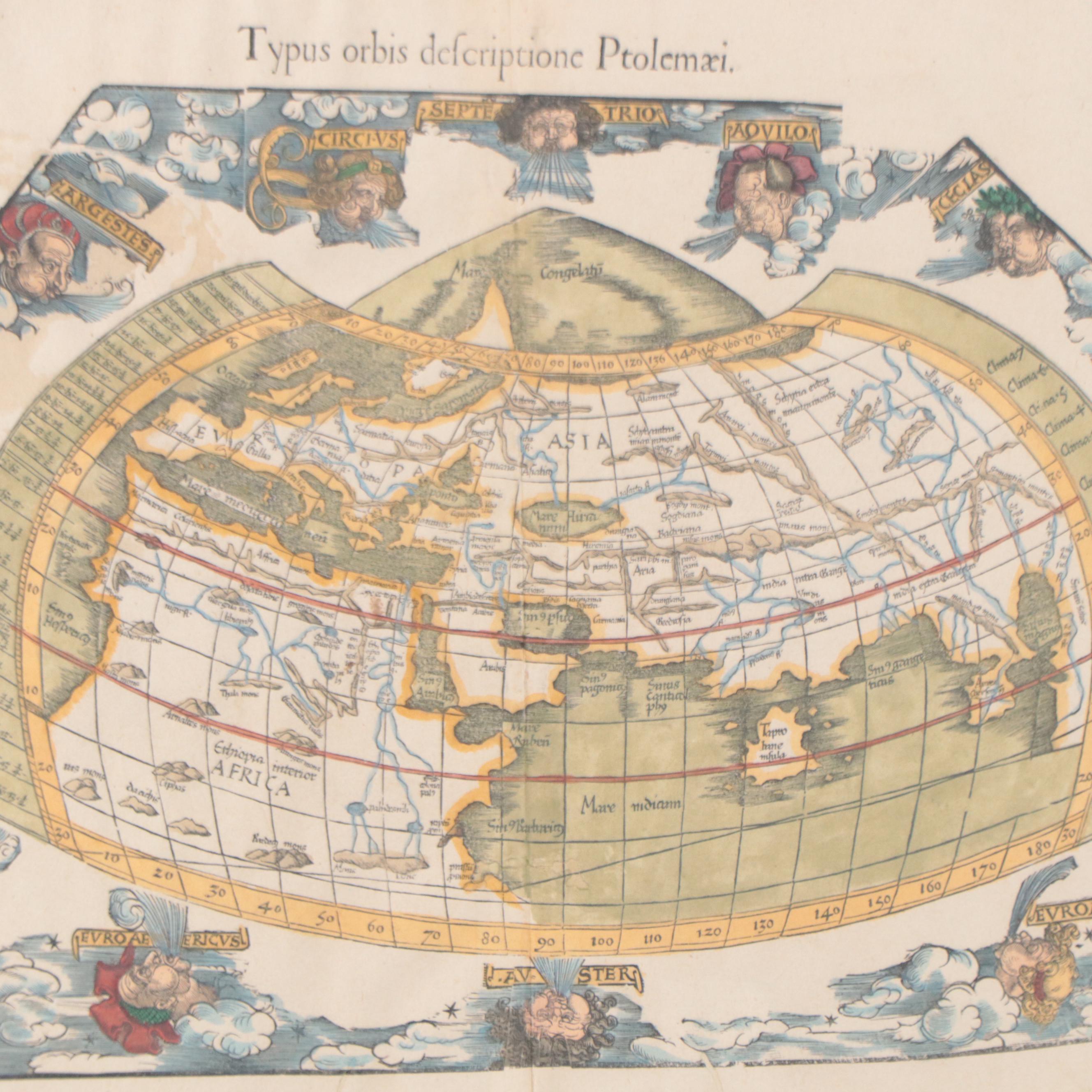 Lorenz Fries Hand-Colored Engraving World Map, Early 16th Century