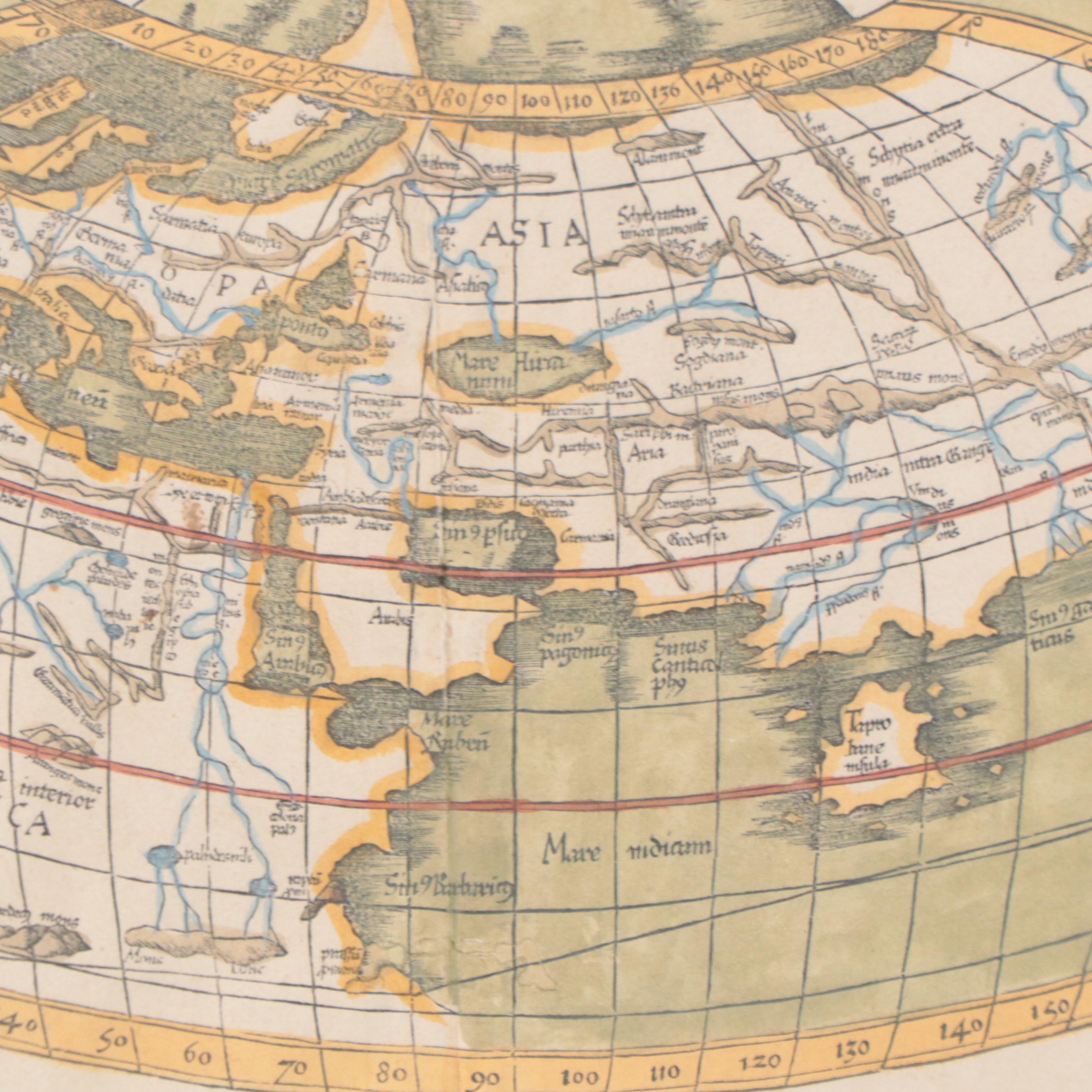 Lorenz Fries Hand-Colored Engraving World Map, Early 16th Century