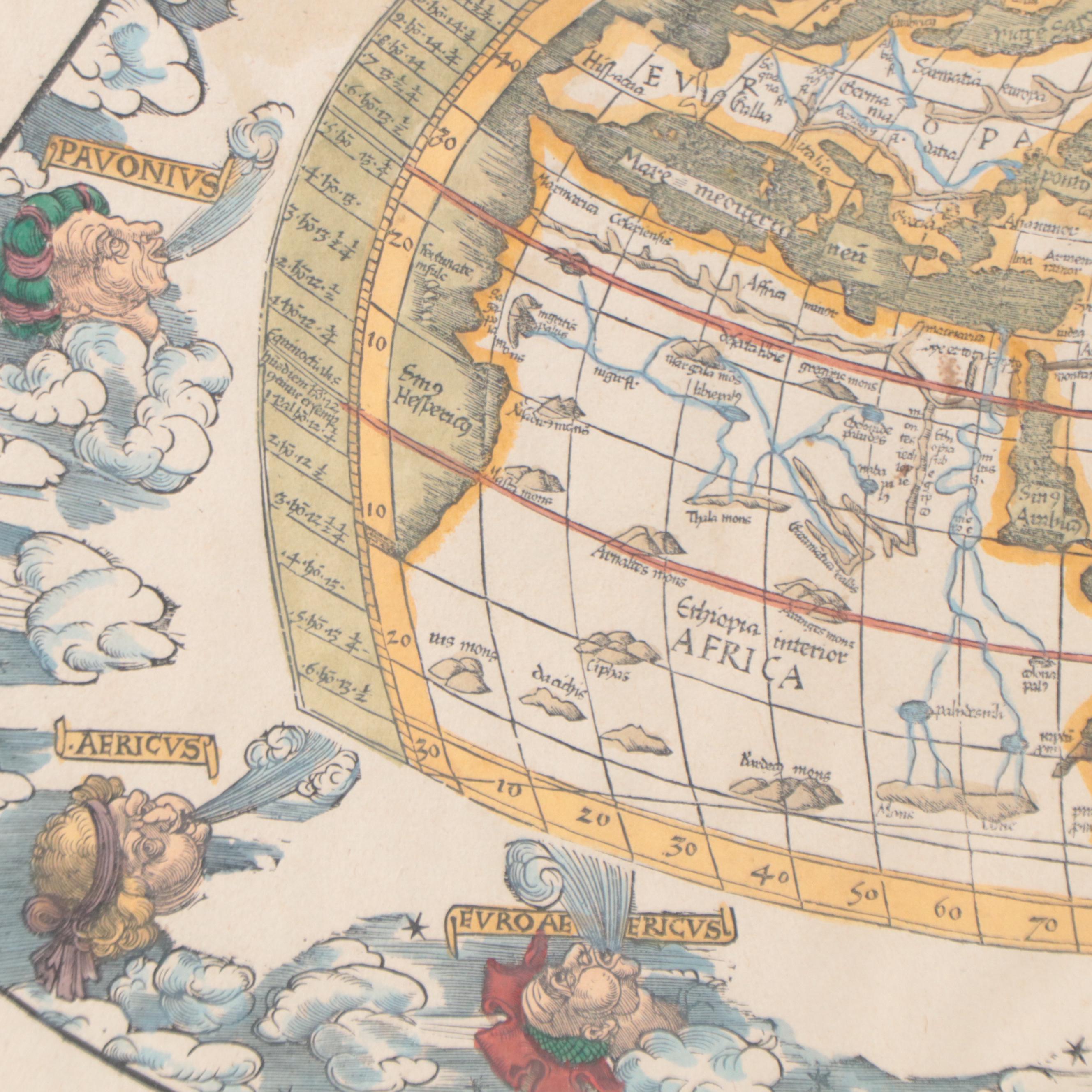 Lorenz Fries Hand-Colored Engraving World Map, Early 16th Century