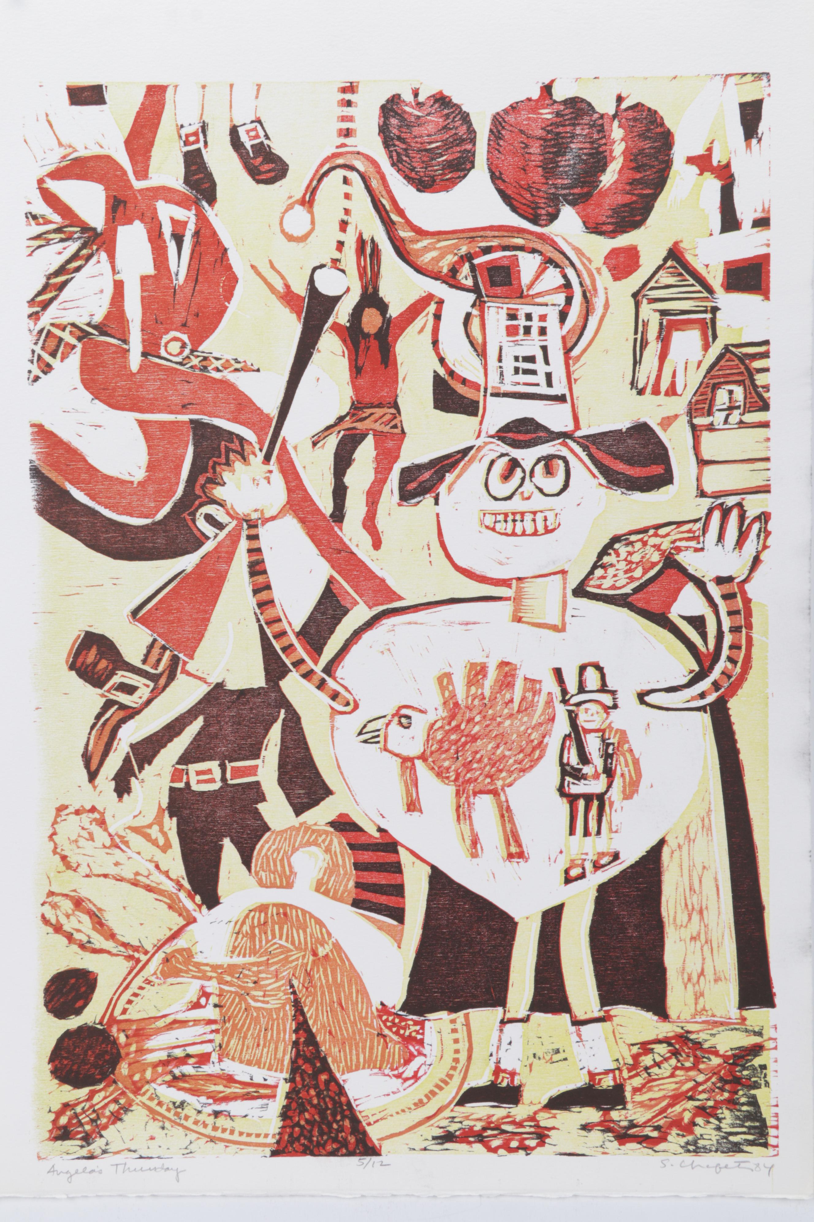 Sidney Chafetz Woodcut "Angela's Thursday," 1984