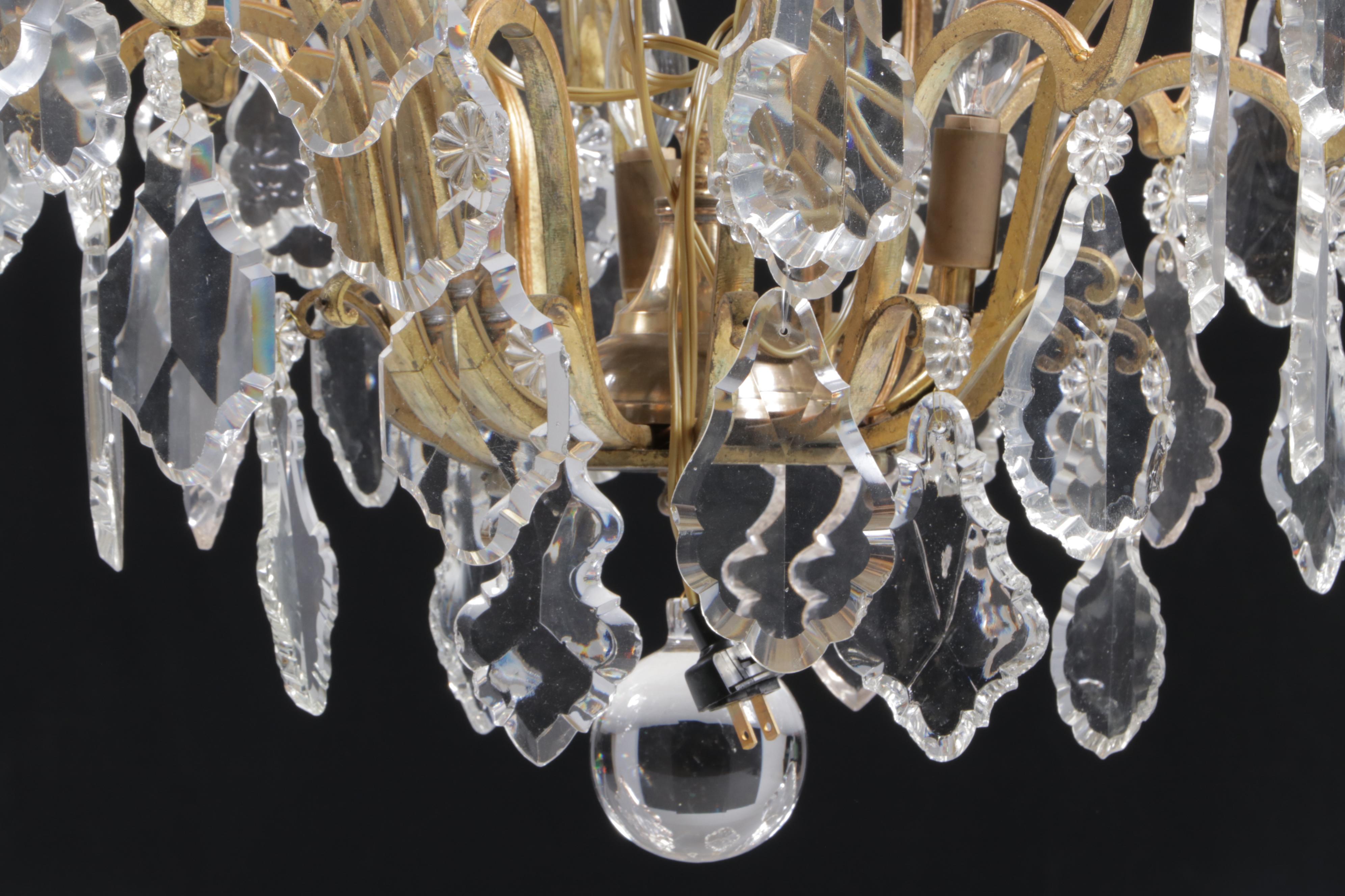 French Gilt Metal Nine-Arm Chandelier with Crystal Pendeloque Prisms