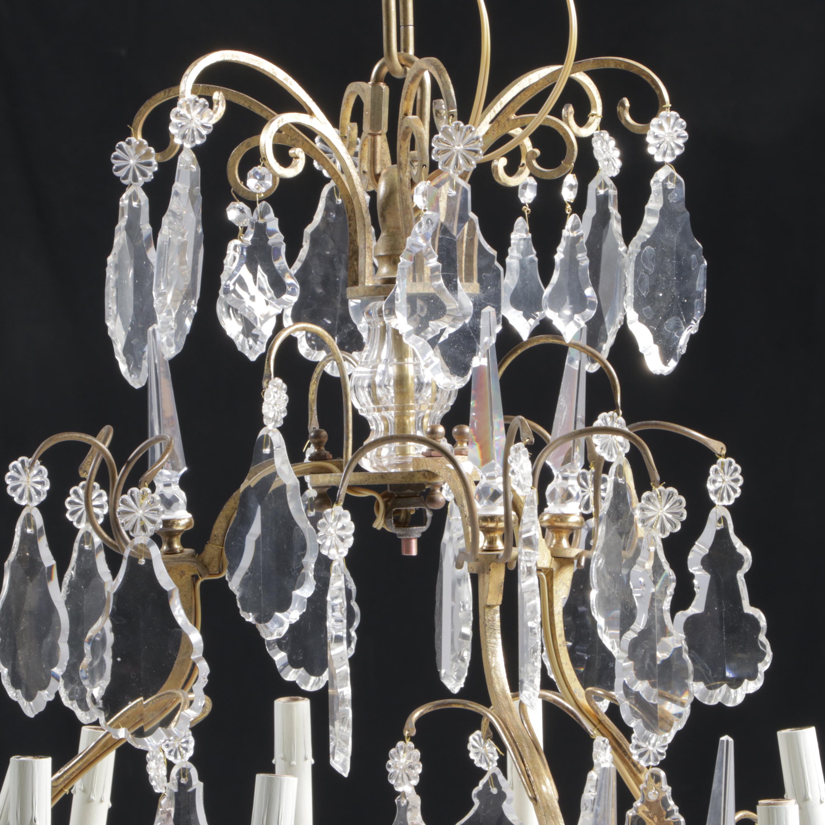 French Gilt Metal Nine-Arm Chandelier with Crystal Pendeloque Prisms