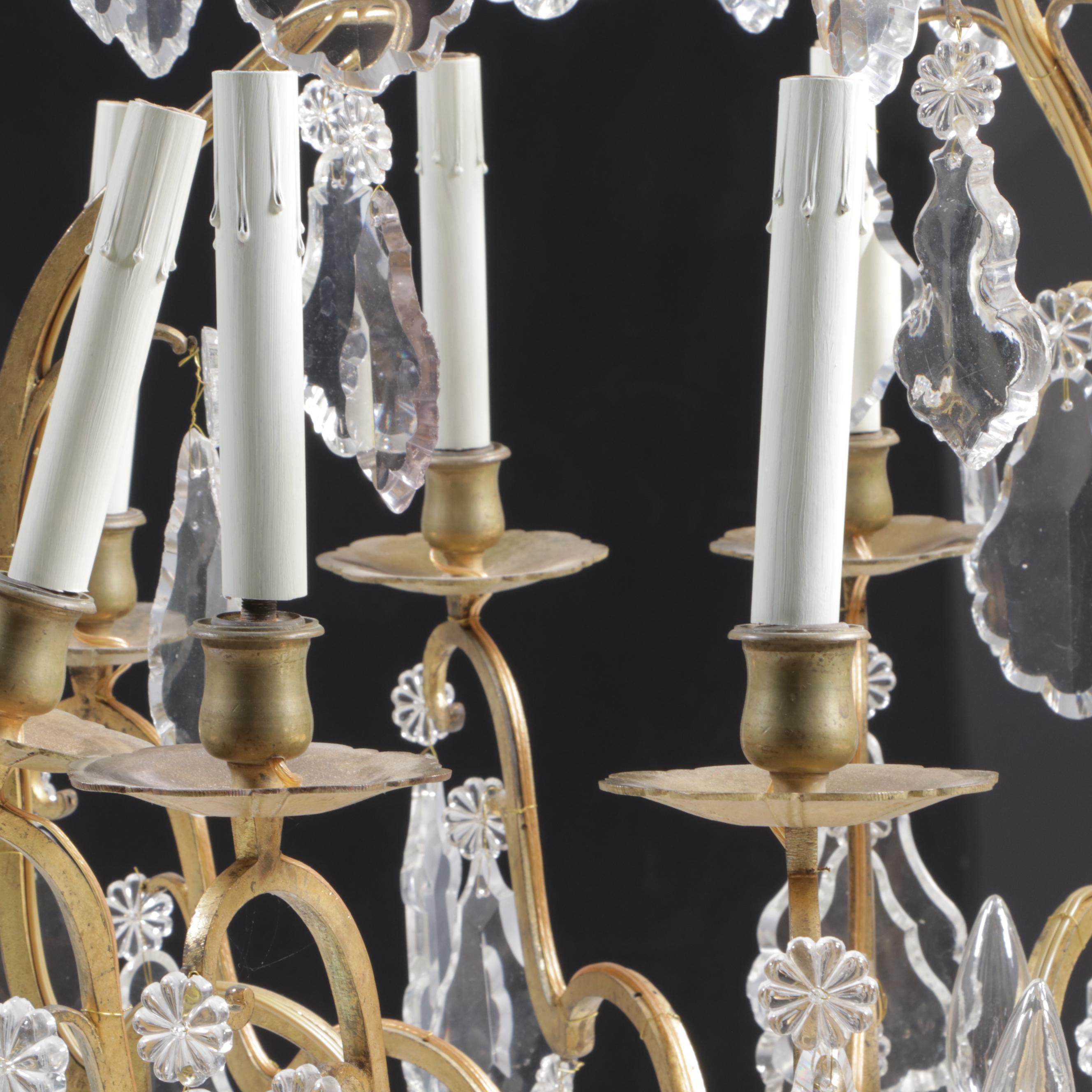 French Gilt Metal Nine-Arm Chandelier with Crystal Pendeloque Prisms