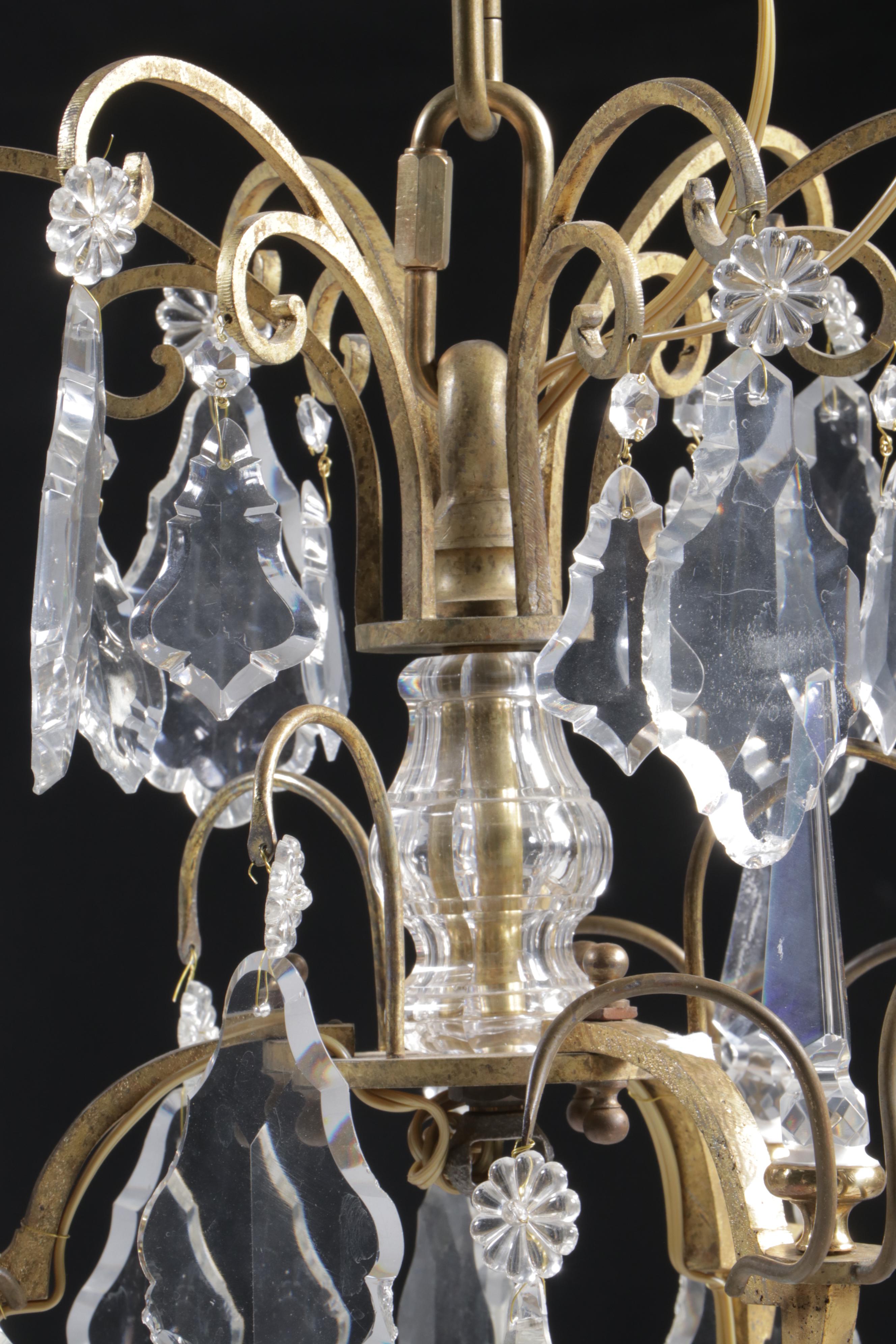 French Gilt Metal Nine-Arm Chandelier with Crystal Pendeloque Prisms