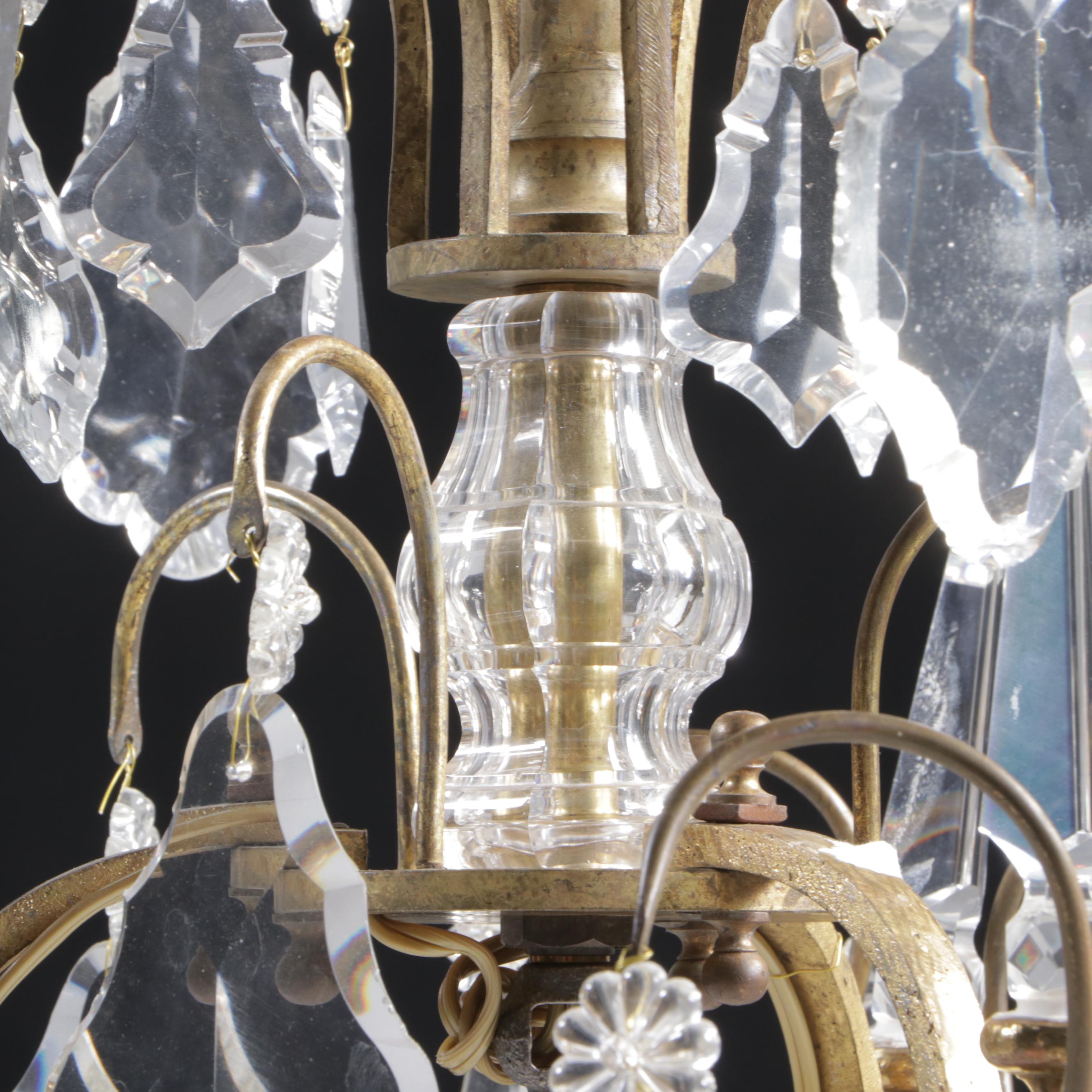French Gilt Metal Nine-Arm Chandelier with Crystal Pendeloque Prisms