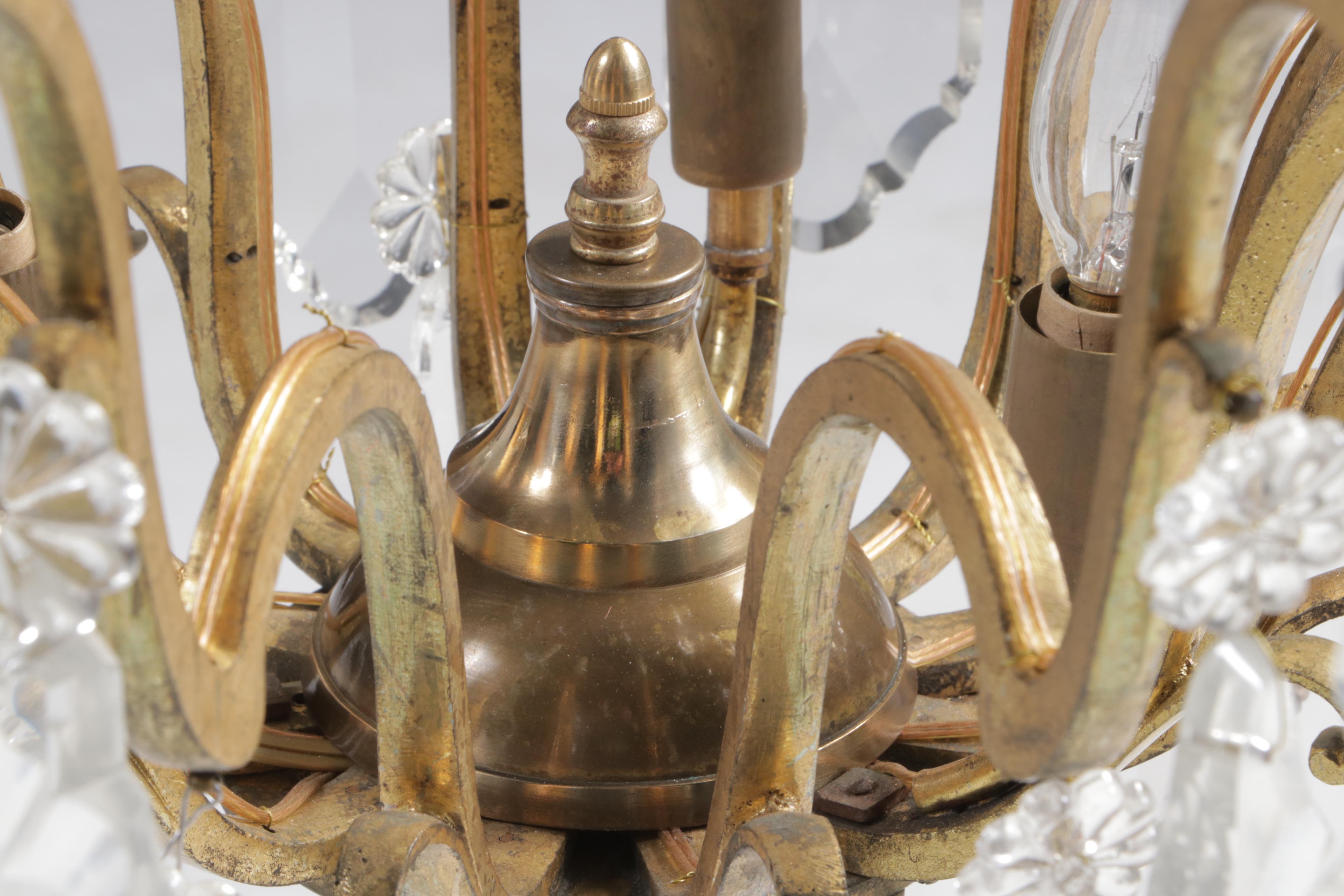 French Gilt Metal Nine-Arm Chandelier with Crystal Pendeloque Prisms