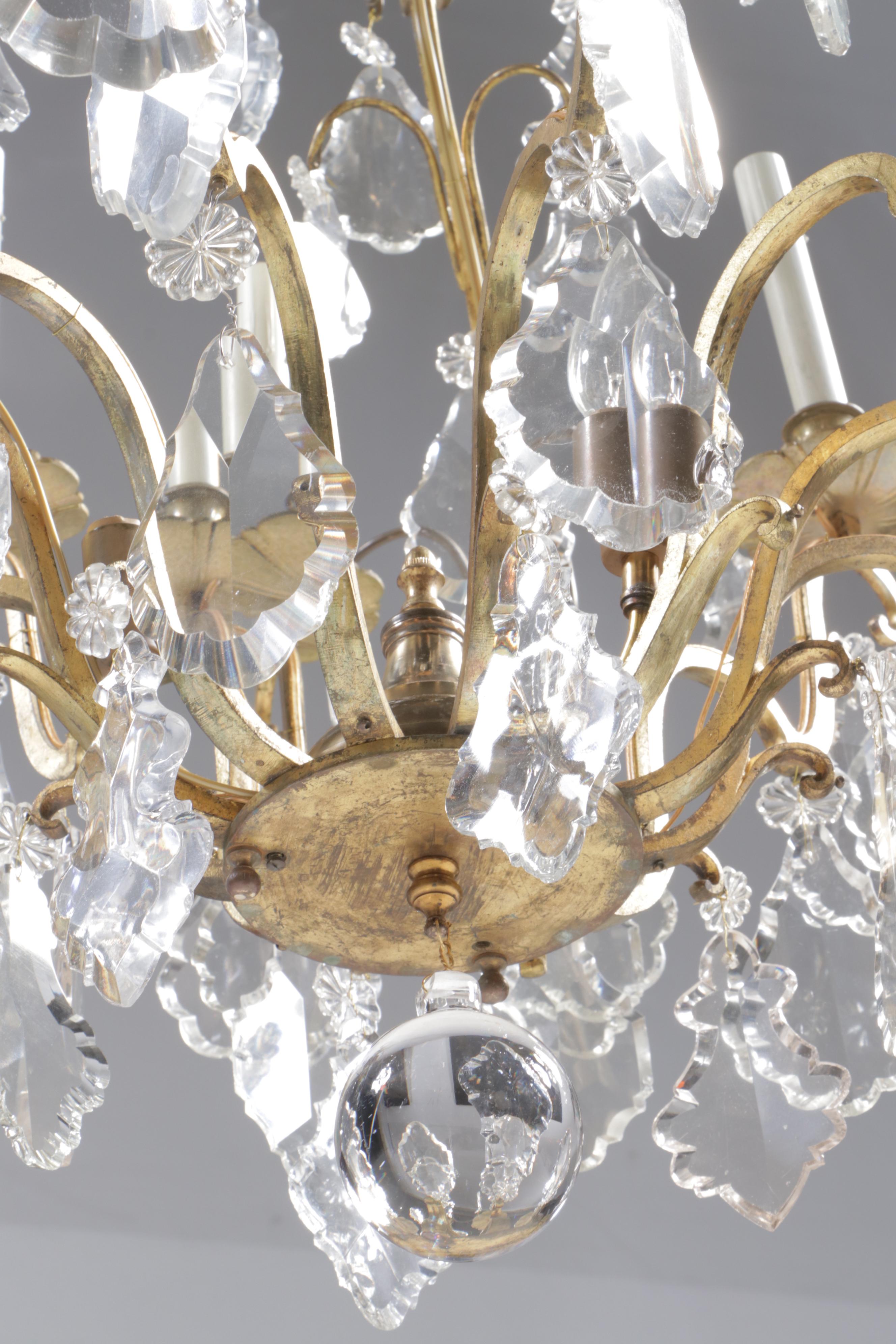 French Gilt Metal Nine-Arm Chandelier with Crystal Pendeloque Prisms