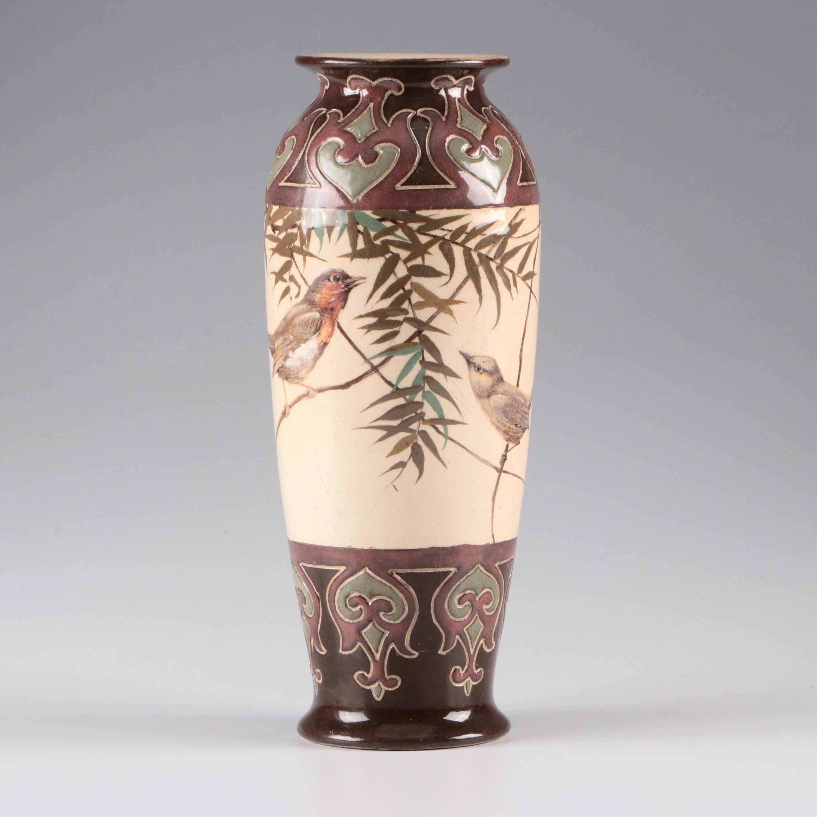 Royal Doulton Arts and Crafts Stoneware Vase Lamp Base with Birds, 1920s