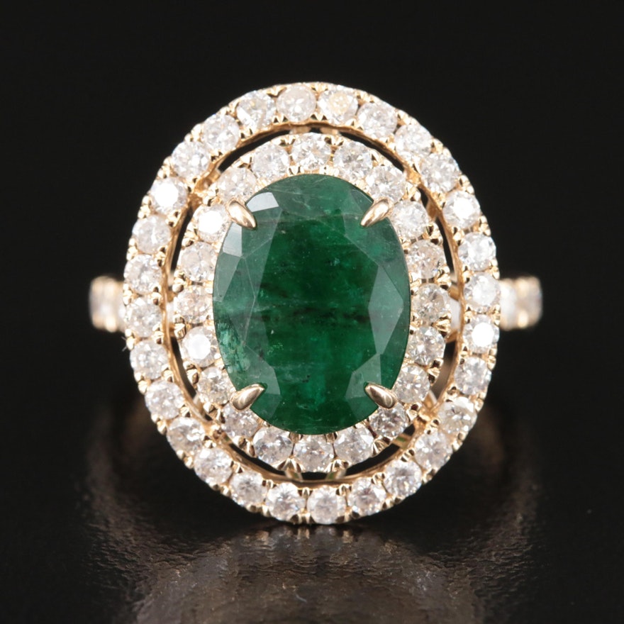 14K 2.96 CT Emerald and 1.55 CTW Diamond Double Halo Ring