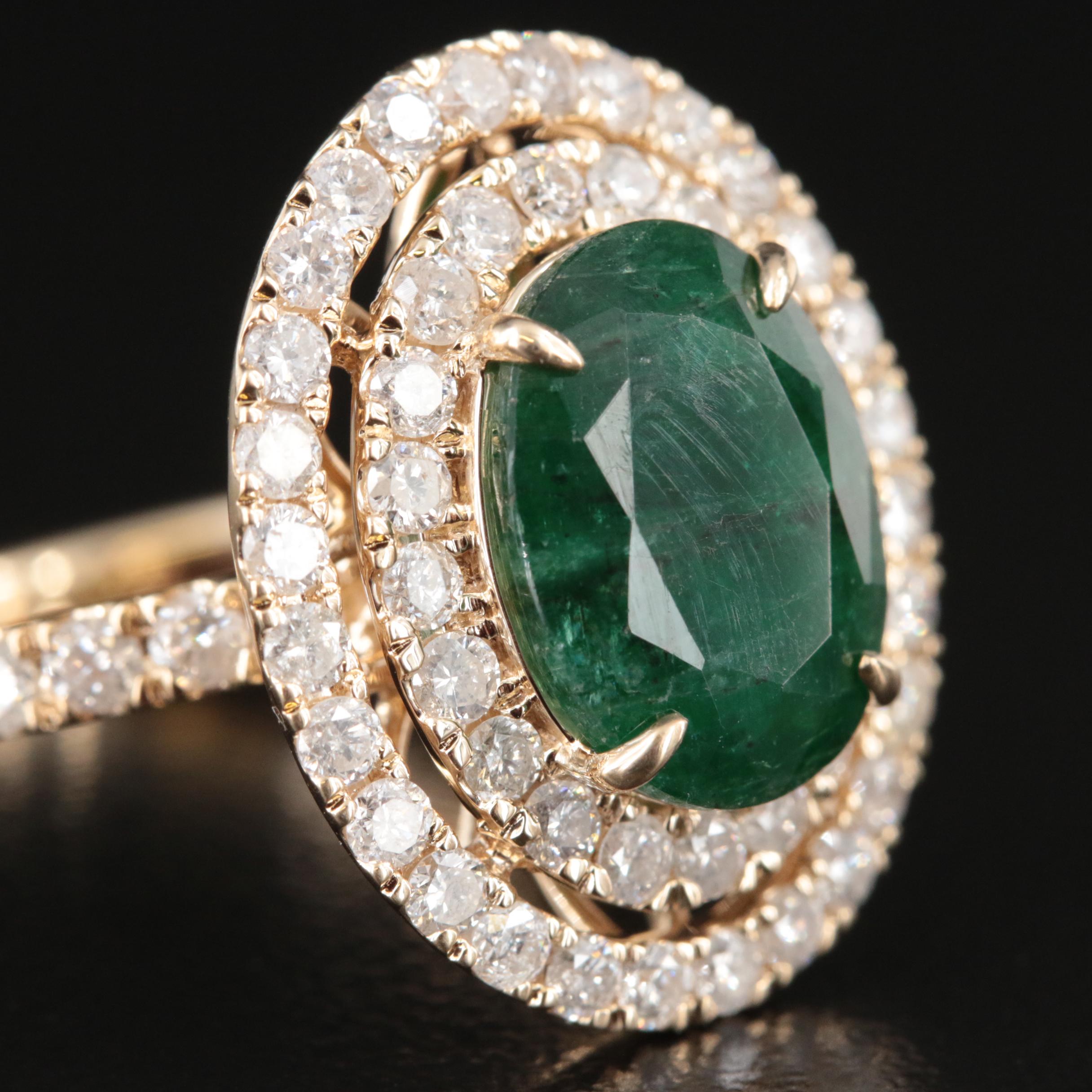 14K 2.96 CT Emerald and 1.55 CTW Diamond Double Halo Ring
