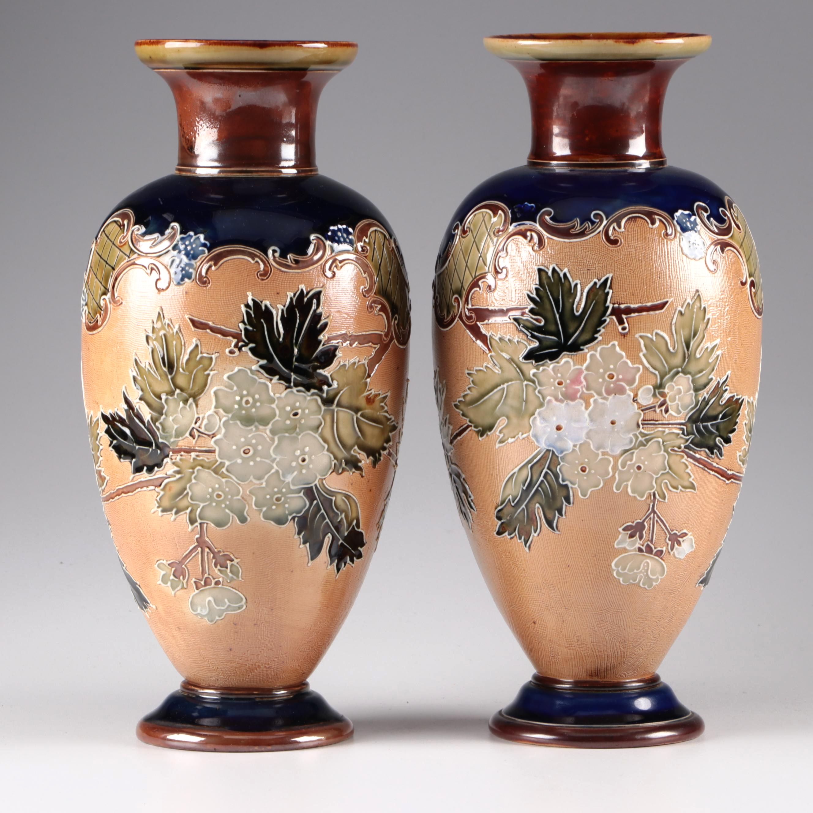 Doulton Lambeth Slater Patent  Stoneware Vase with Flowers, Late 19th Century