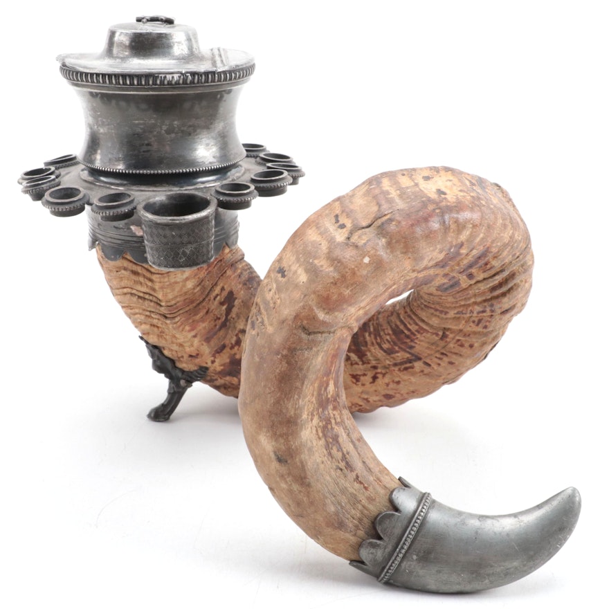 Ram Horn Tobacco Mull With Pewter Pipe Holder Ring
