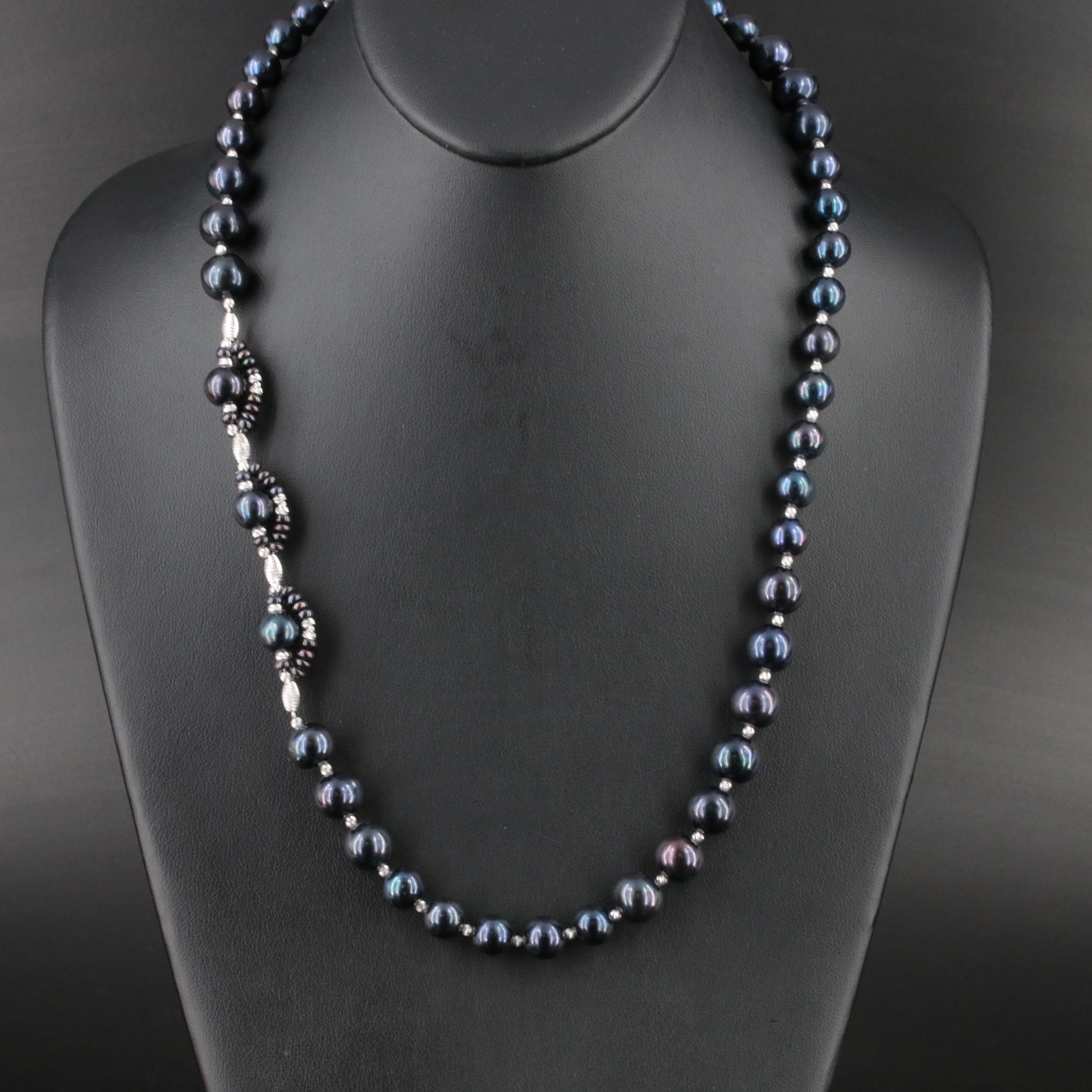 Sterling Pearl Necklace with Fluted Bead Spacers