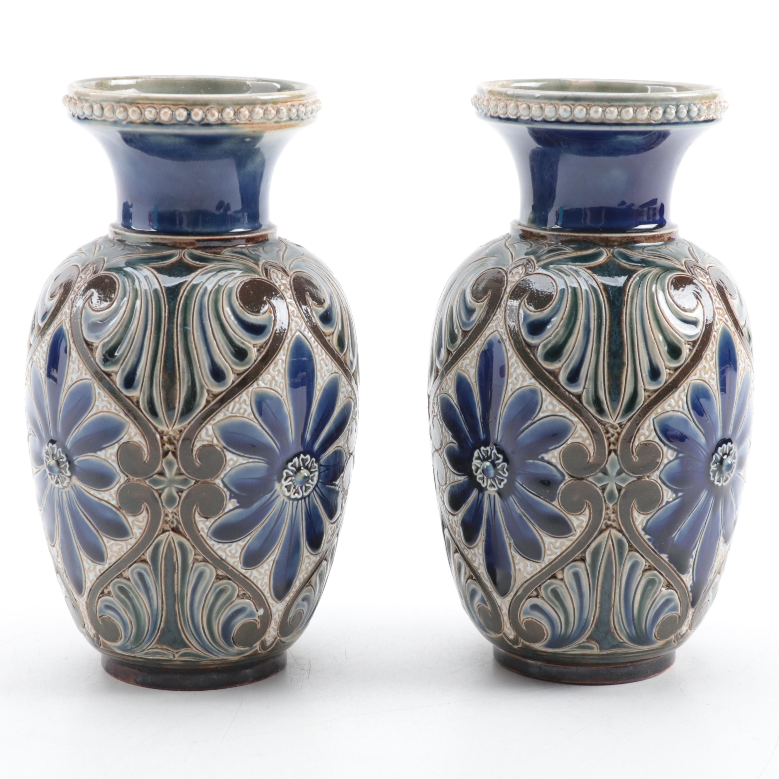 Pair of Doulton Lambeth Art Pottery Earthenware Vases, circa 1882