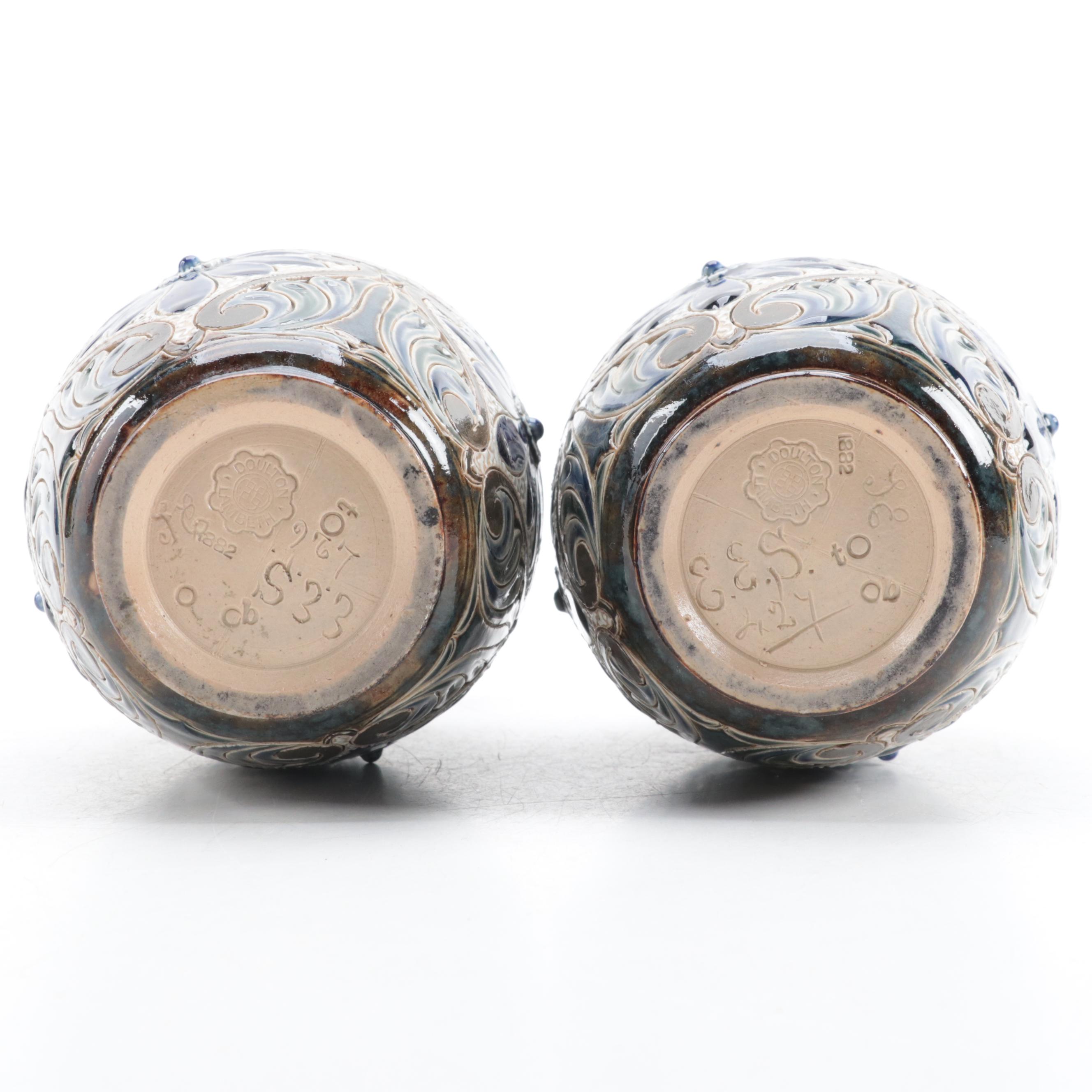 Pair of Doulton Lambeth Art Pottery Earthenware Vases, circa 1882