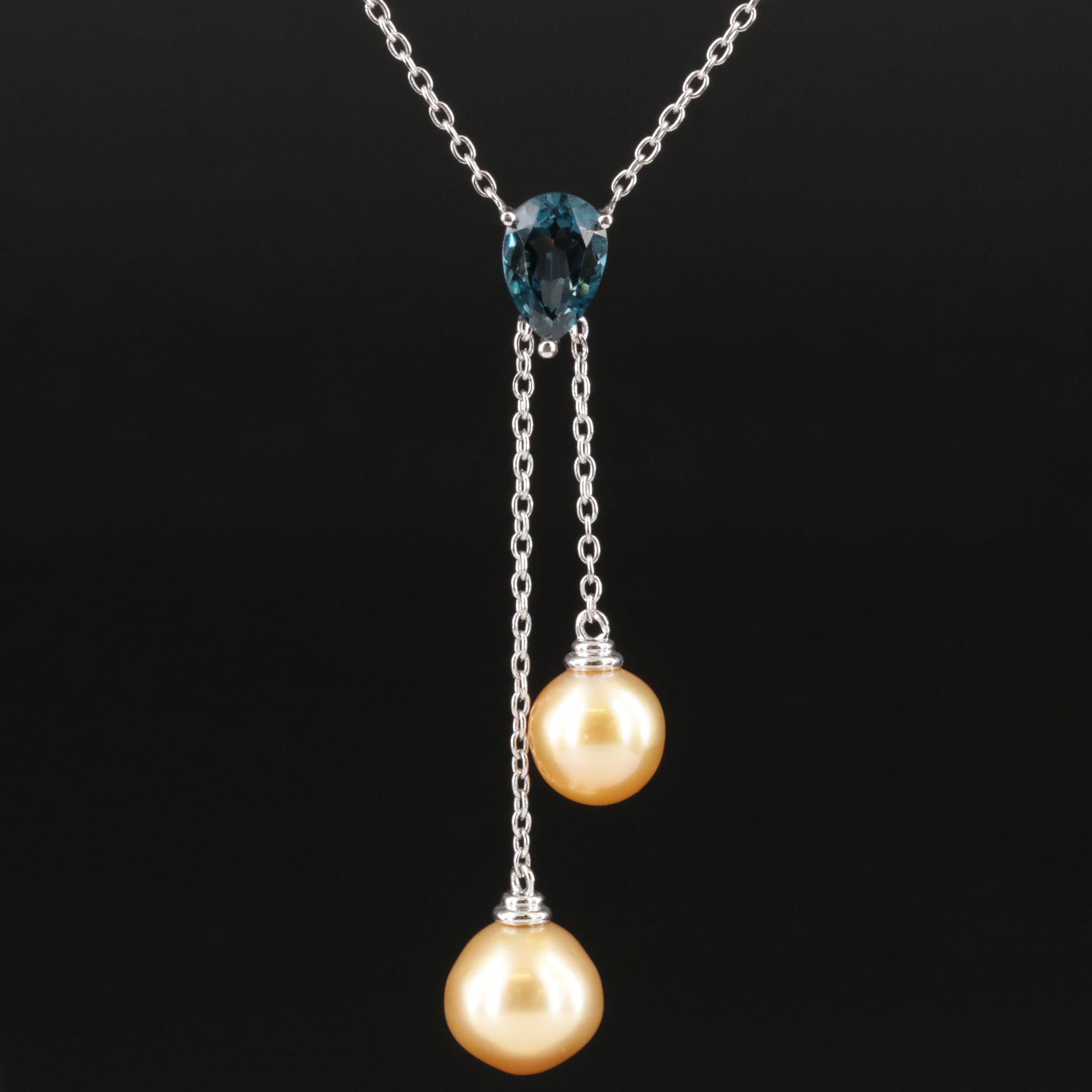 Sterling Pearl and London Blue Topaz Negligee Necklace